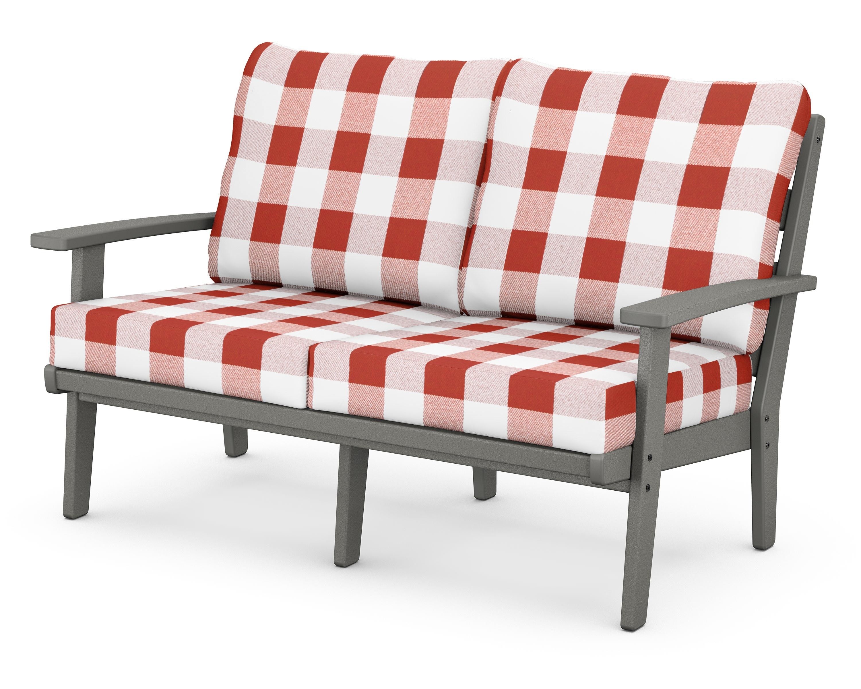 POLYWOOD® Grant Park Deep Seating Loveseat in Slate Grey / Buffalo Plaid Crimson