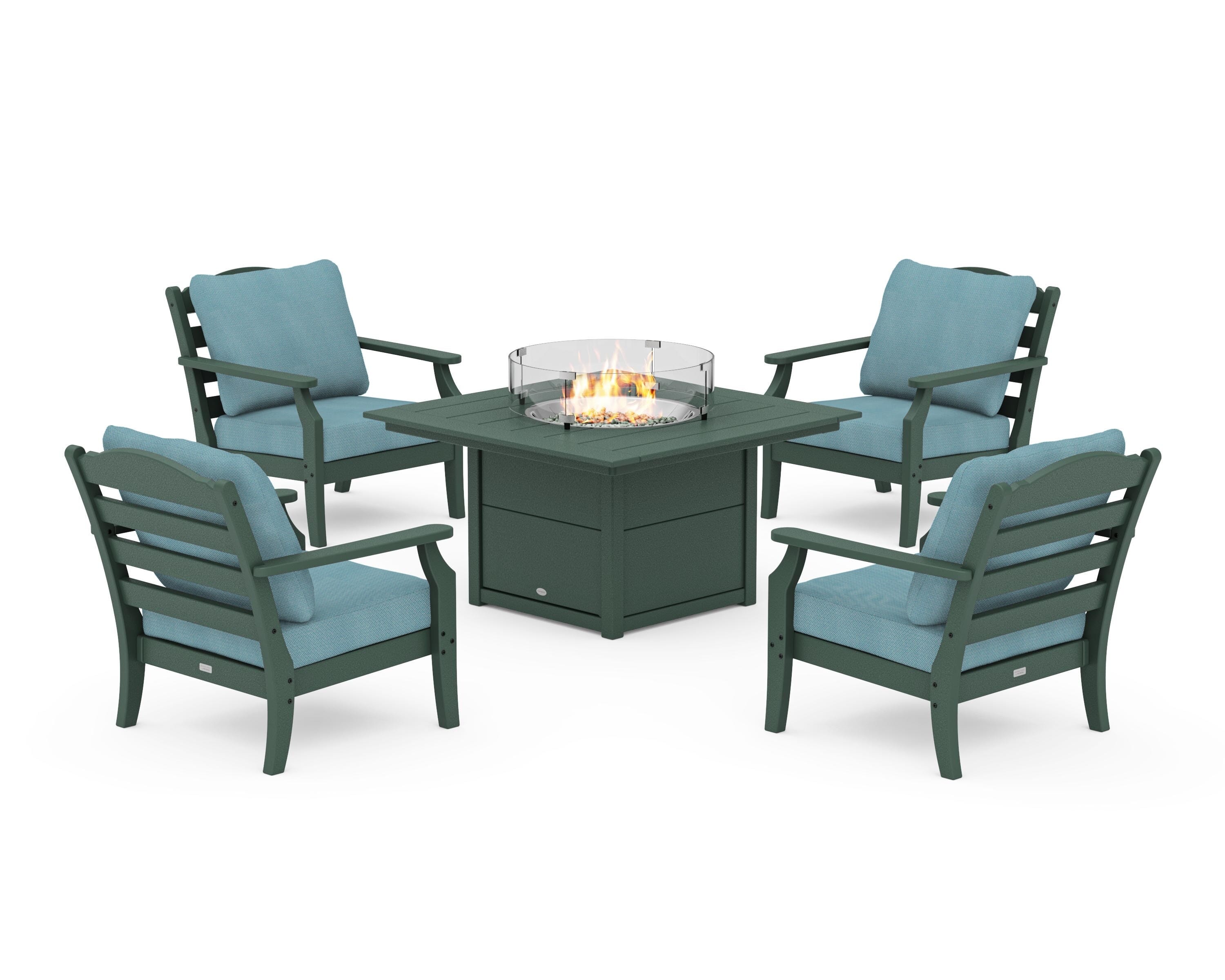 Draper James™ by POLYWOOD® Savannah 5-Piece Deep Seating Set with Fire Pit Table in Green / Lattice Sky Blue