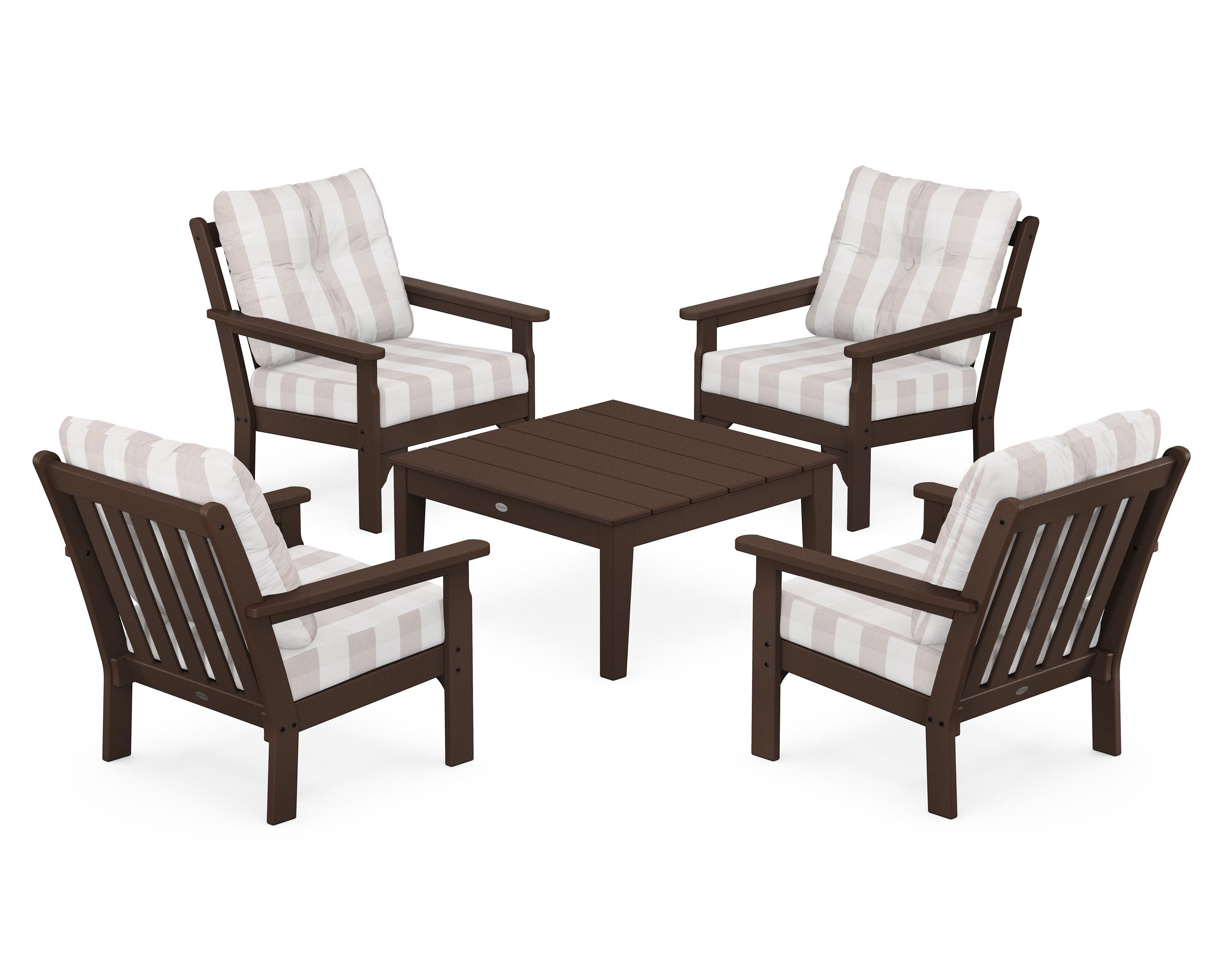 POLYWOOD® Vineyard 5-Piece Deep Seating Conversation Set in Mahogany / Buffalo Plaid Dune Burlap