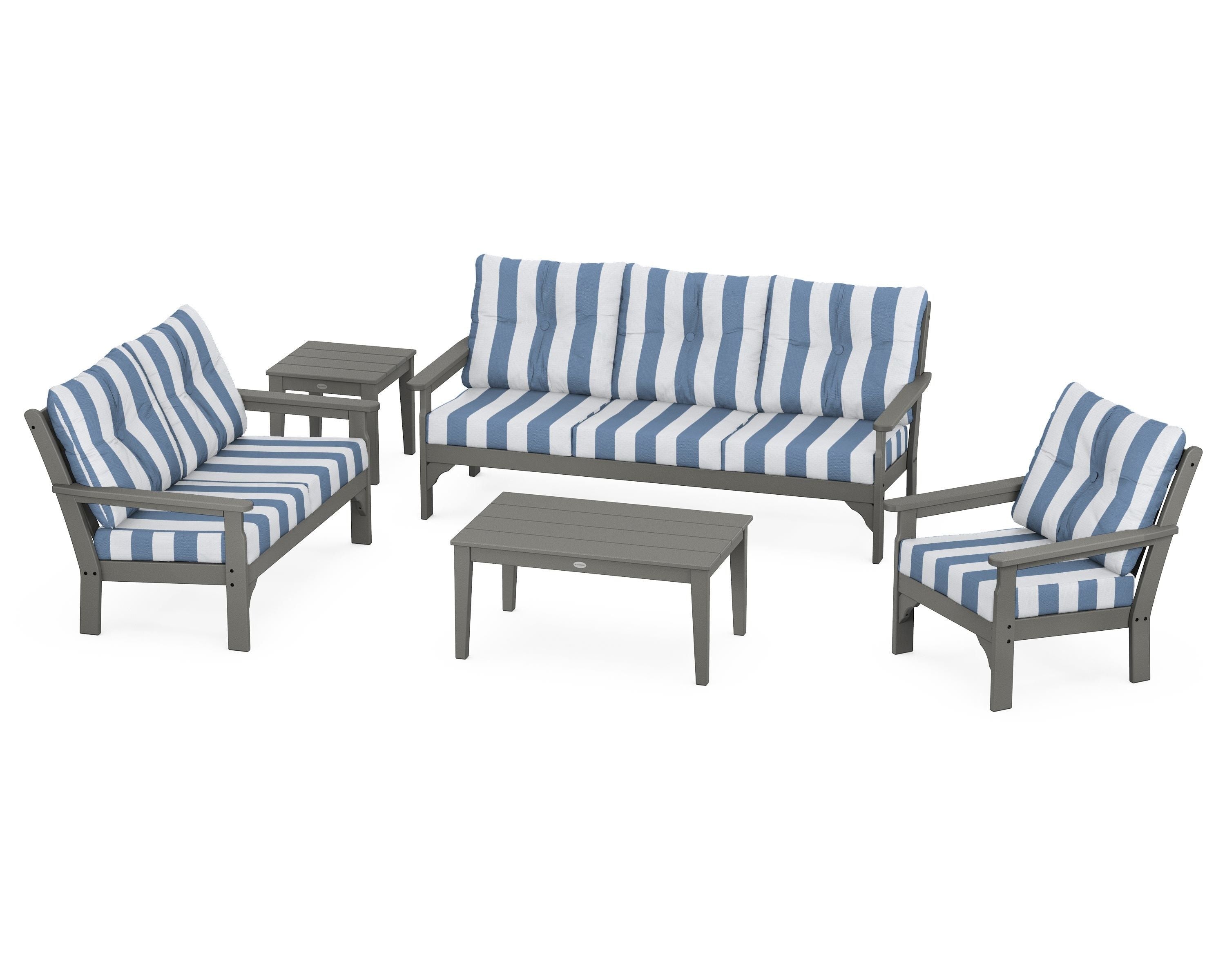 POLYWOOD® Vineyard 5 Piece Deep Seating Set in Slate Grey / Cabana Stripe Sky Blue
