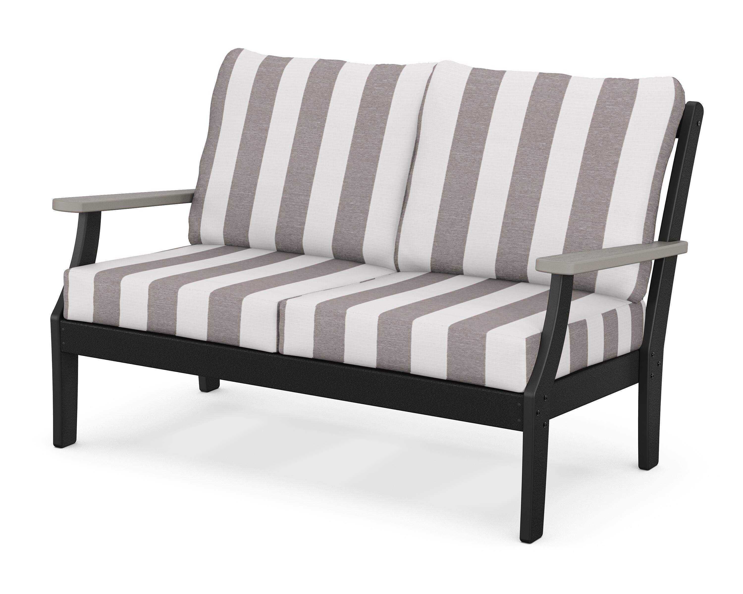 POLYWOOD® Braxton Deep Seating Loveseat in Black / Driftwood / Cabana Stripe Grey Mist