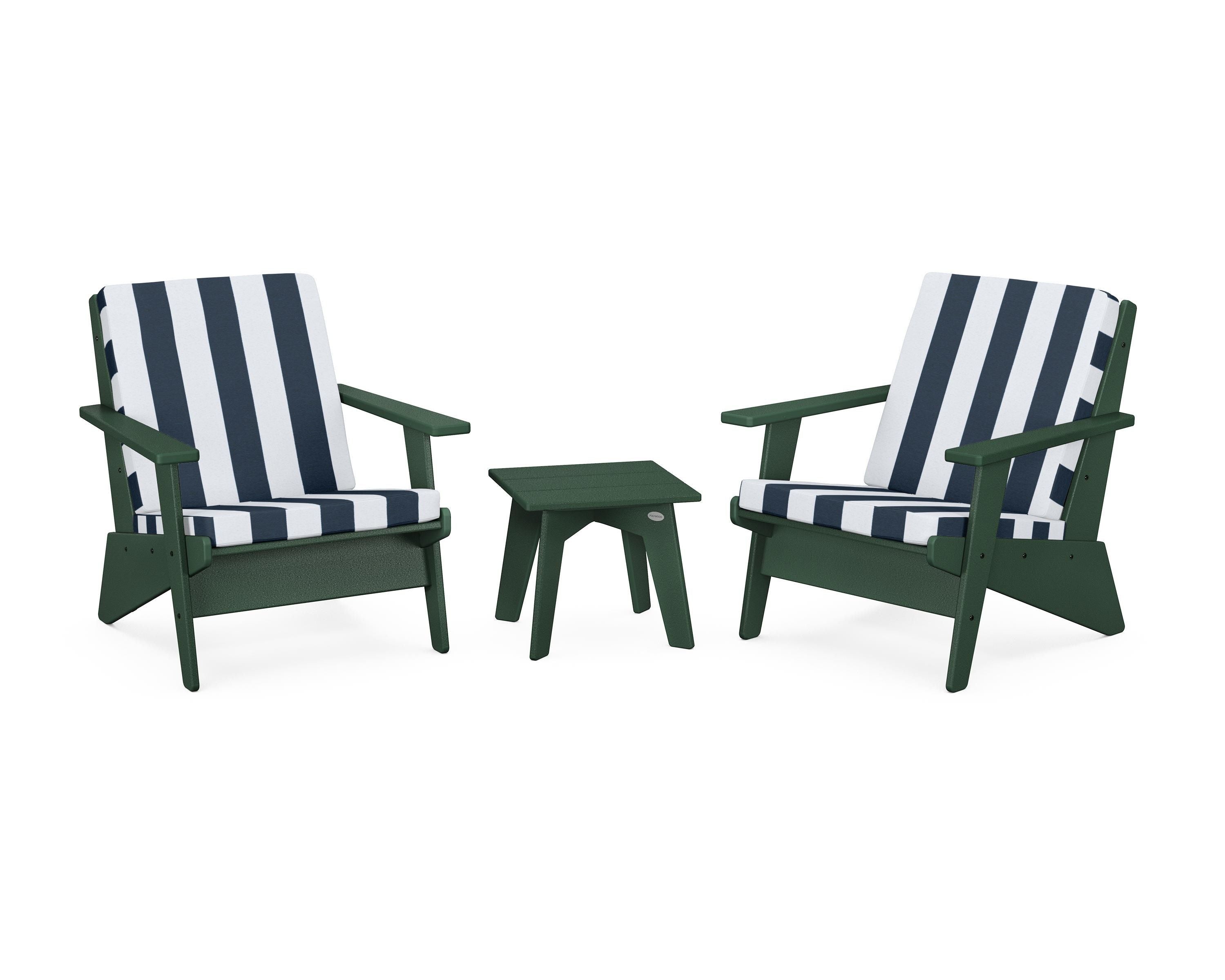 POLYWOOD® Riviera Modern Lounge 3-Piece Set in Green / Cabana Stripe Marine Indigo