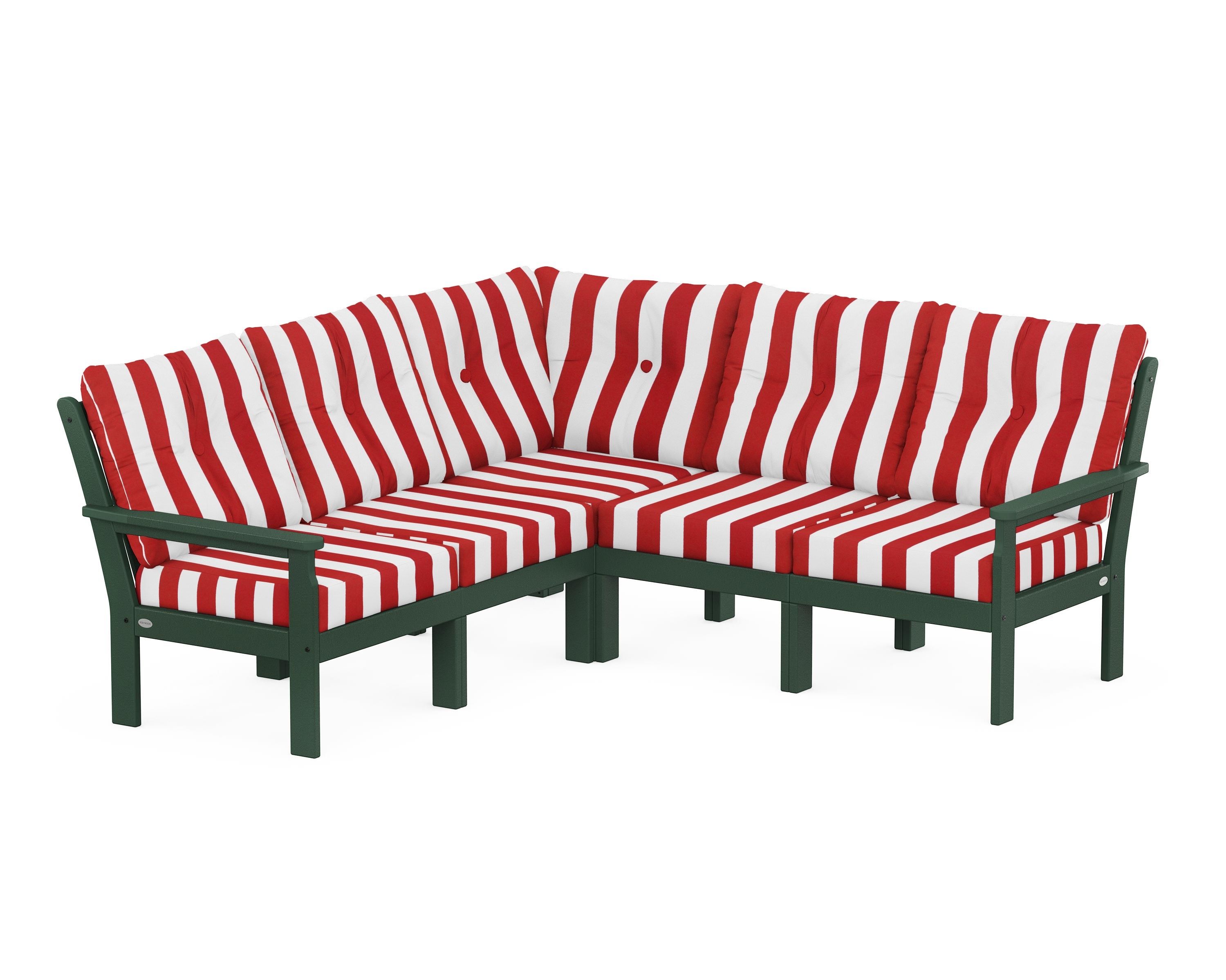POLYWOOD® Vineyard 5-Piece Sectional in Green / Cabana Stripe Crimson