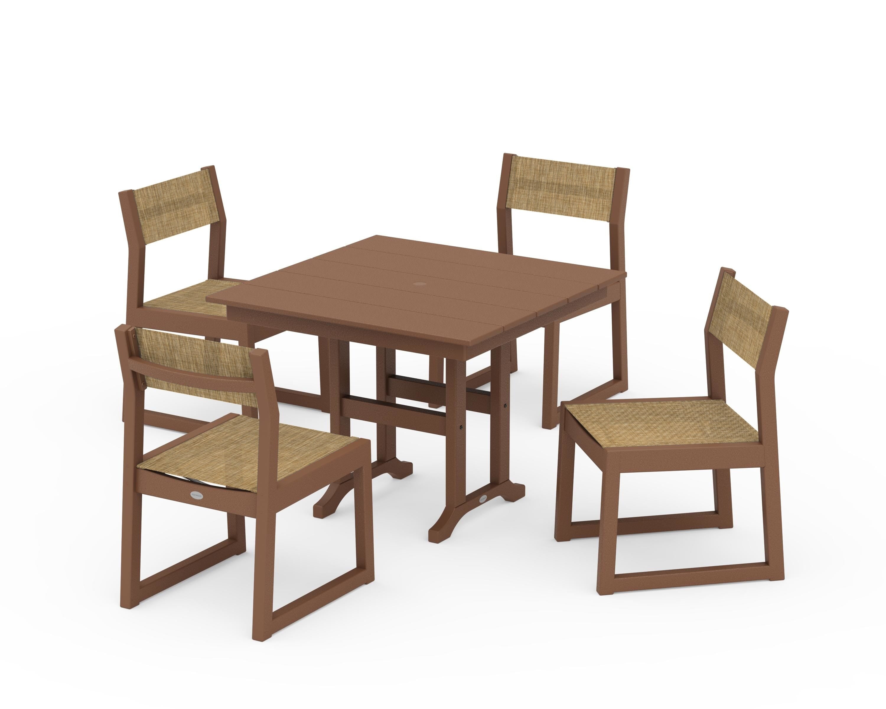 POLYWOOD® EDGE Sling Side Chair 5-Piece Farmhouse Dining Set in Teak / Burlap Sling