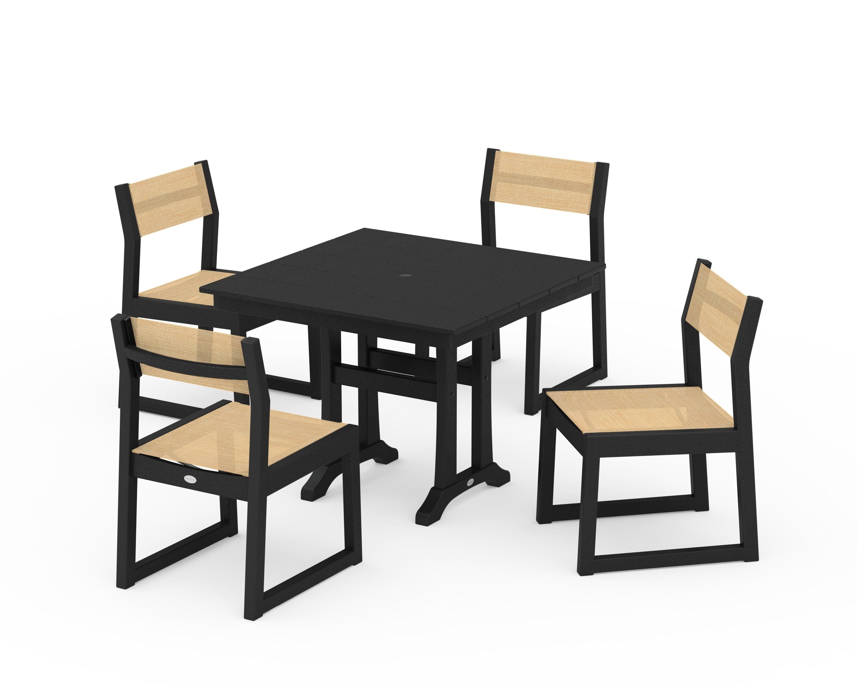 POLYWOOD® EDGE Sling 5-Piece Farmhouse Trestle Side Chair Dining Set in Black / Dupioni Apricot Sling