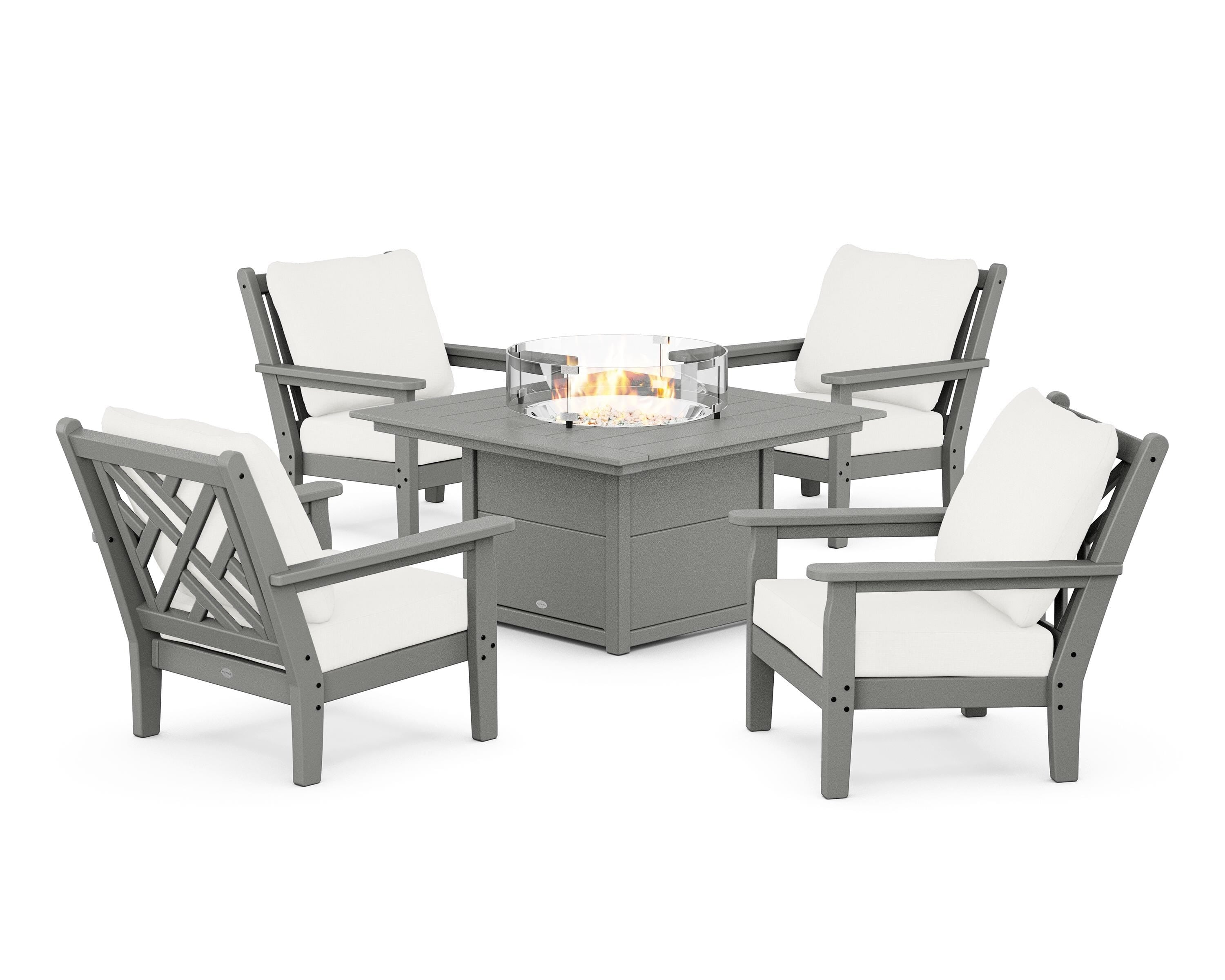 POLYWOOD® Chippendale 5-Piece Deep Seating Set with Fire Pit Table in Slate Grey / Natural Linen