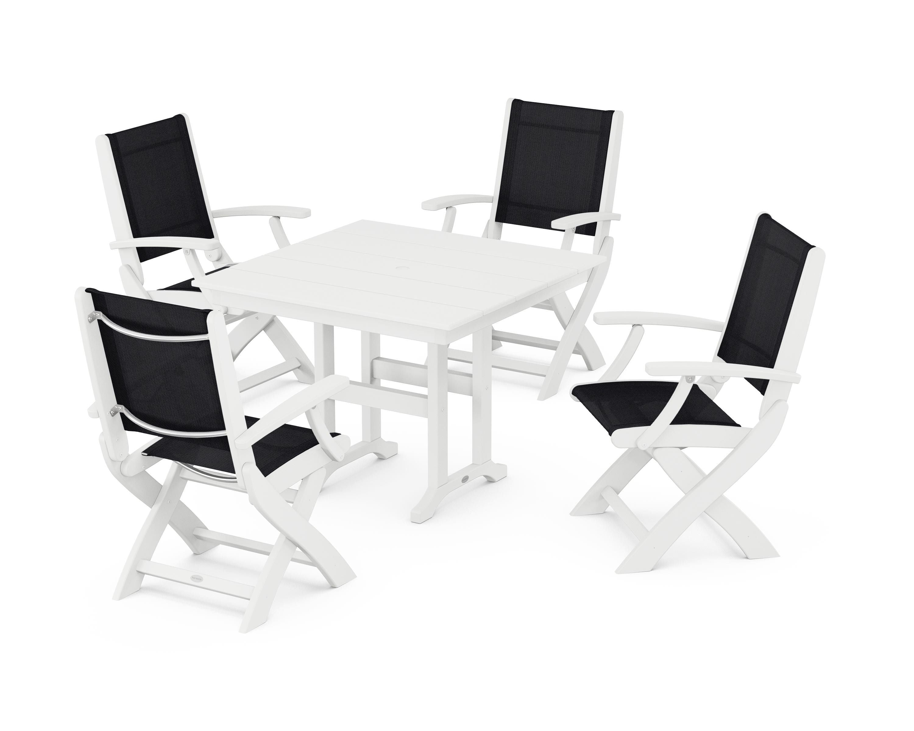 POLYWOOD® Coastal Folding Chair 5-Piece Farmhouse Dining Set in White / Black Sling