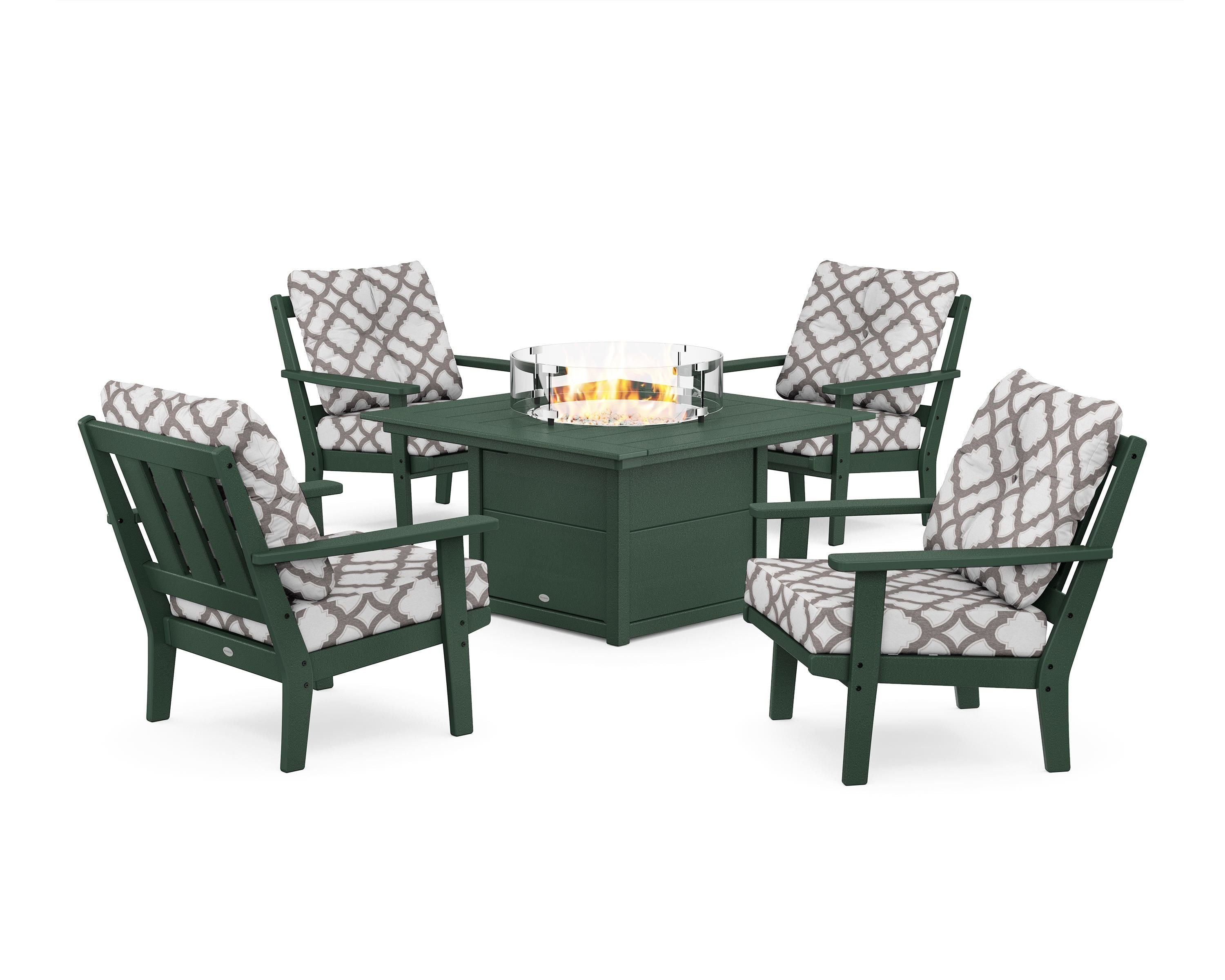 POLYWOOD® Oxford 5-Piece Deep Seating Set with Fire Pit Table in Green / Trellis Grey Mist