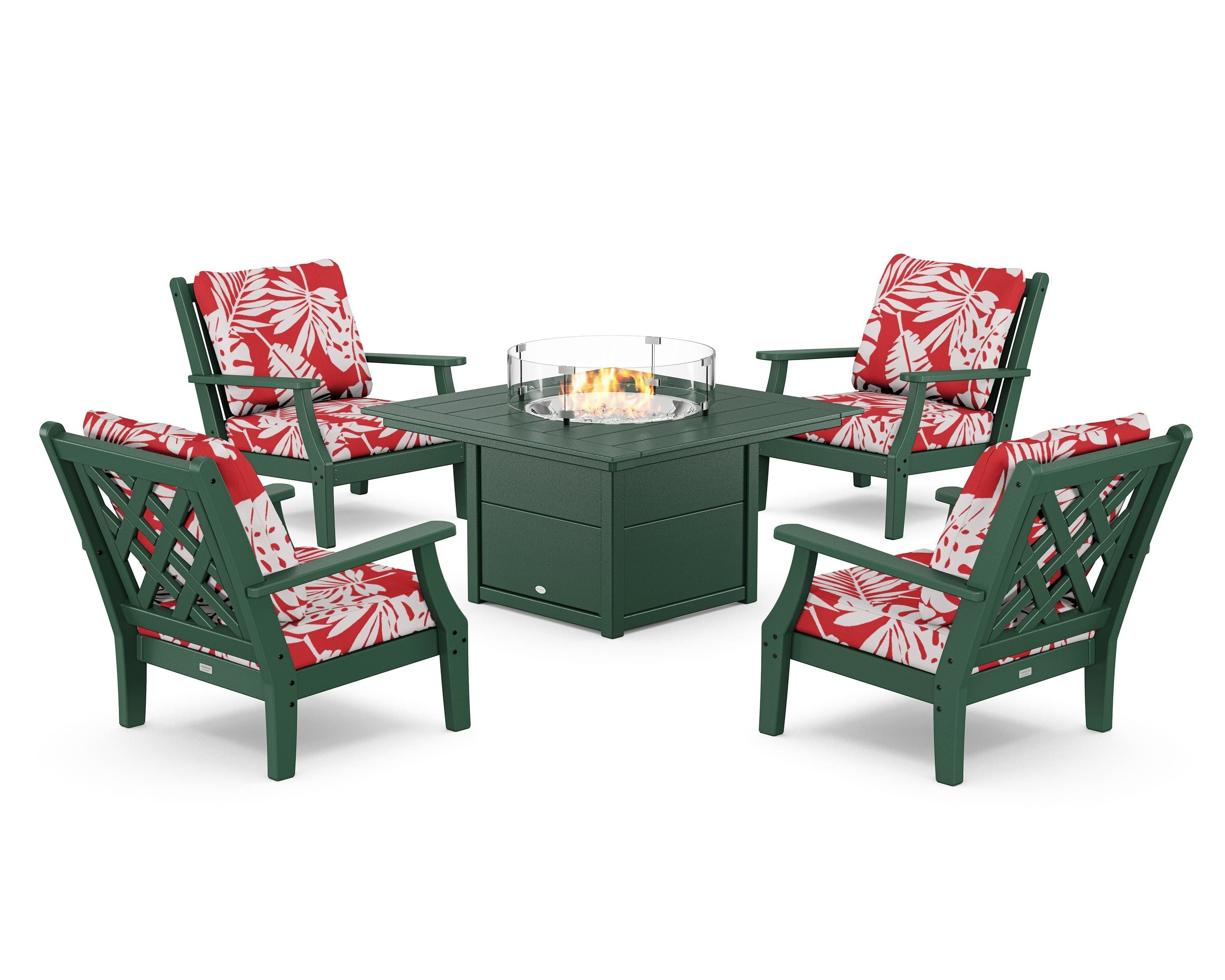 Country Living Wovendale 5-Piece Deep Seating Set with Fire Pit Table in Green / Leaf Crimson