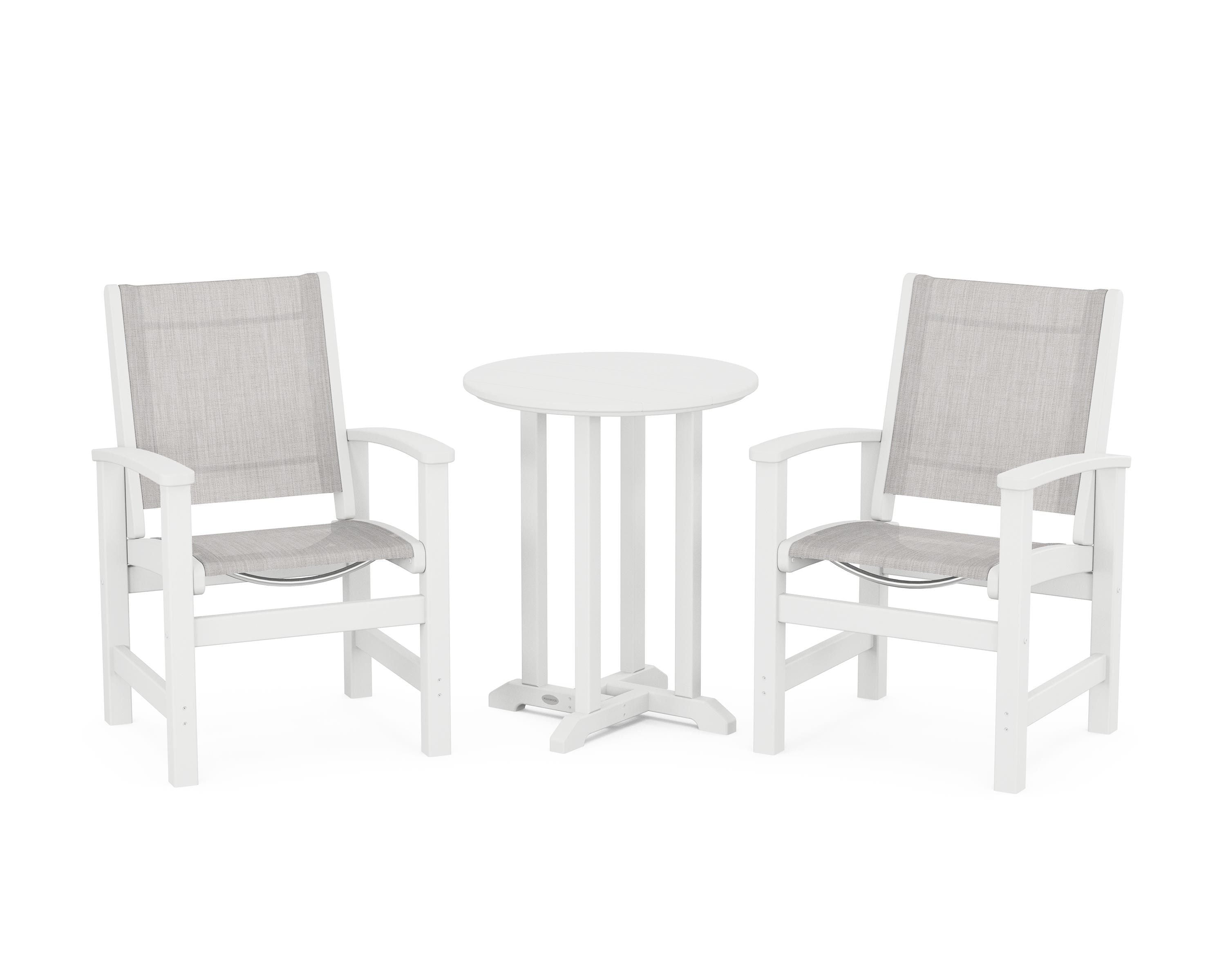 POLYWOOD® Coastal 3-Piece Round Bistro Dining Set in White / Parchment Sling
