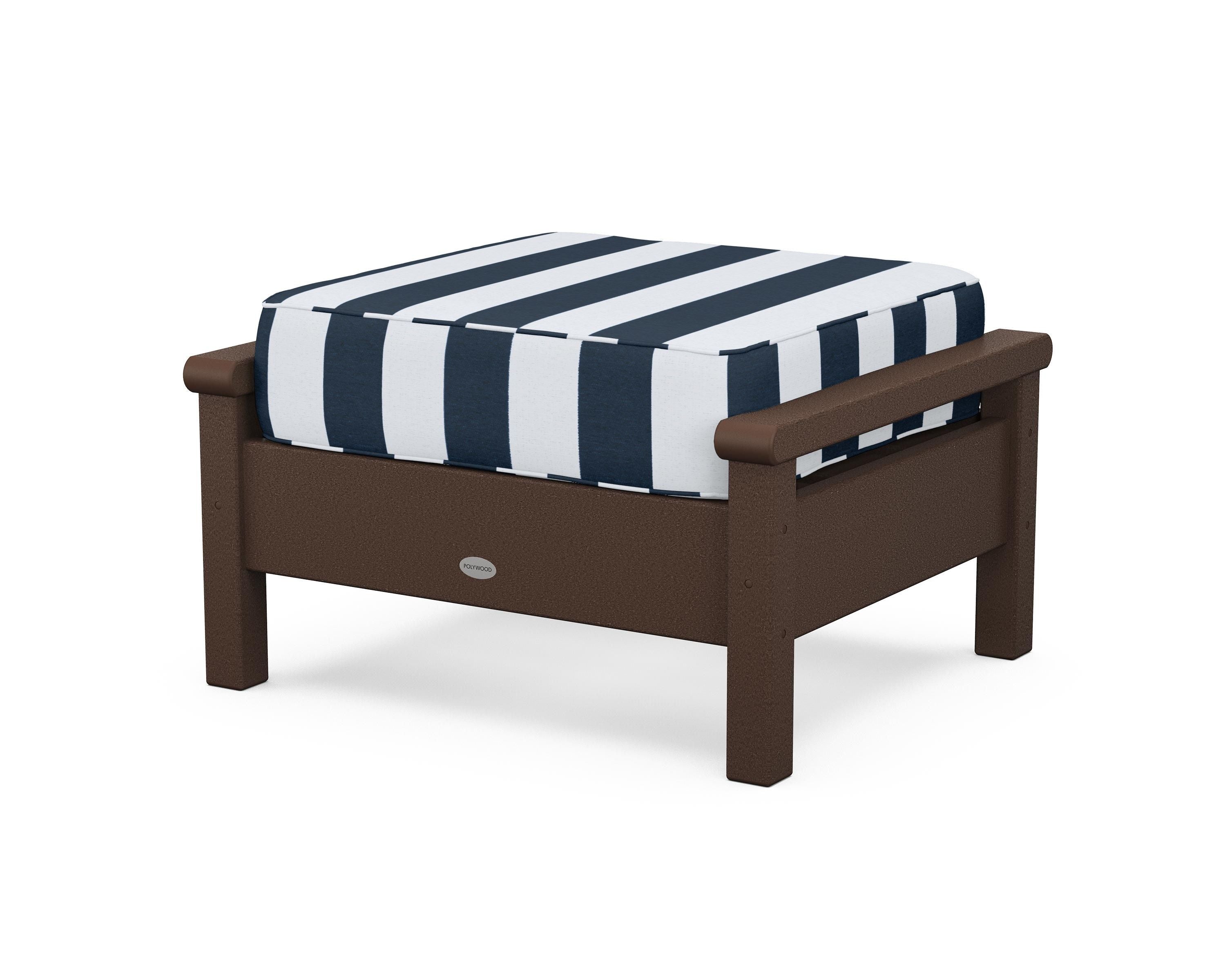 POLYWOOD® Harbour Deep Seating Ottoman in Mahogany / Cabana Stripe Marine Indigo