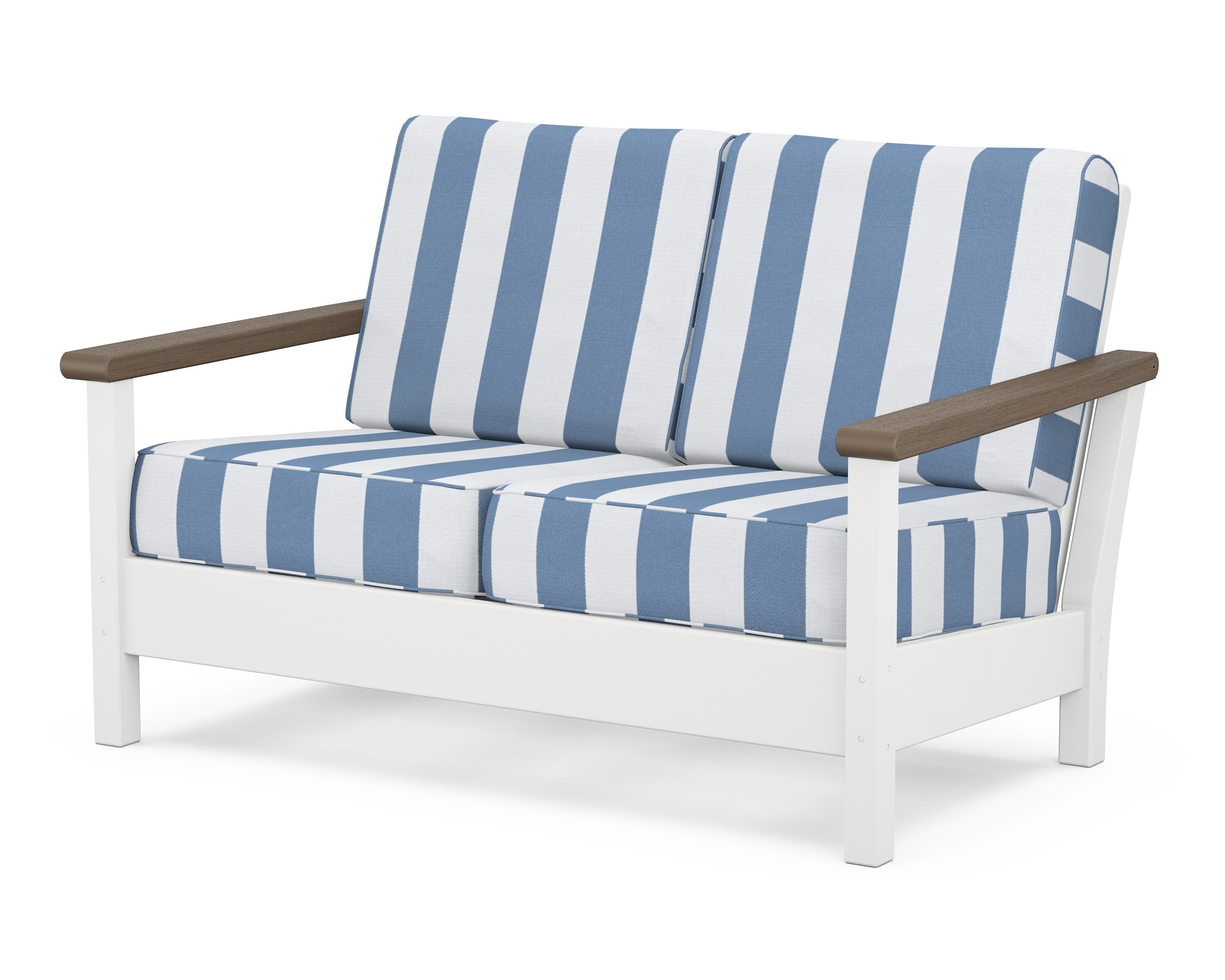 POLYWOOD® Harbour Deep Seating Loveseat in White / Kona / Cabana Stripe Sky Blue