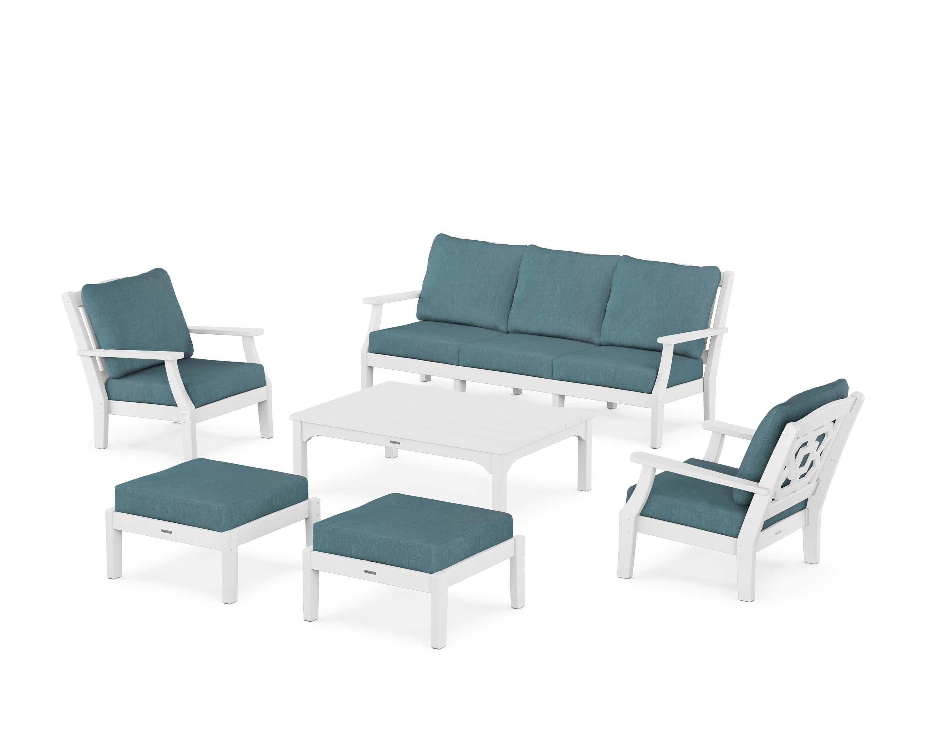 Martha Stewart by POLYWOOD® Chinoiserie 6-Piece Lounge Sofa Set in White / Ocean Teal