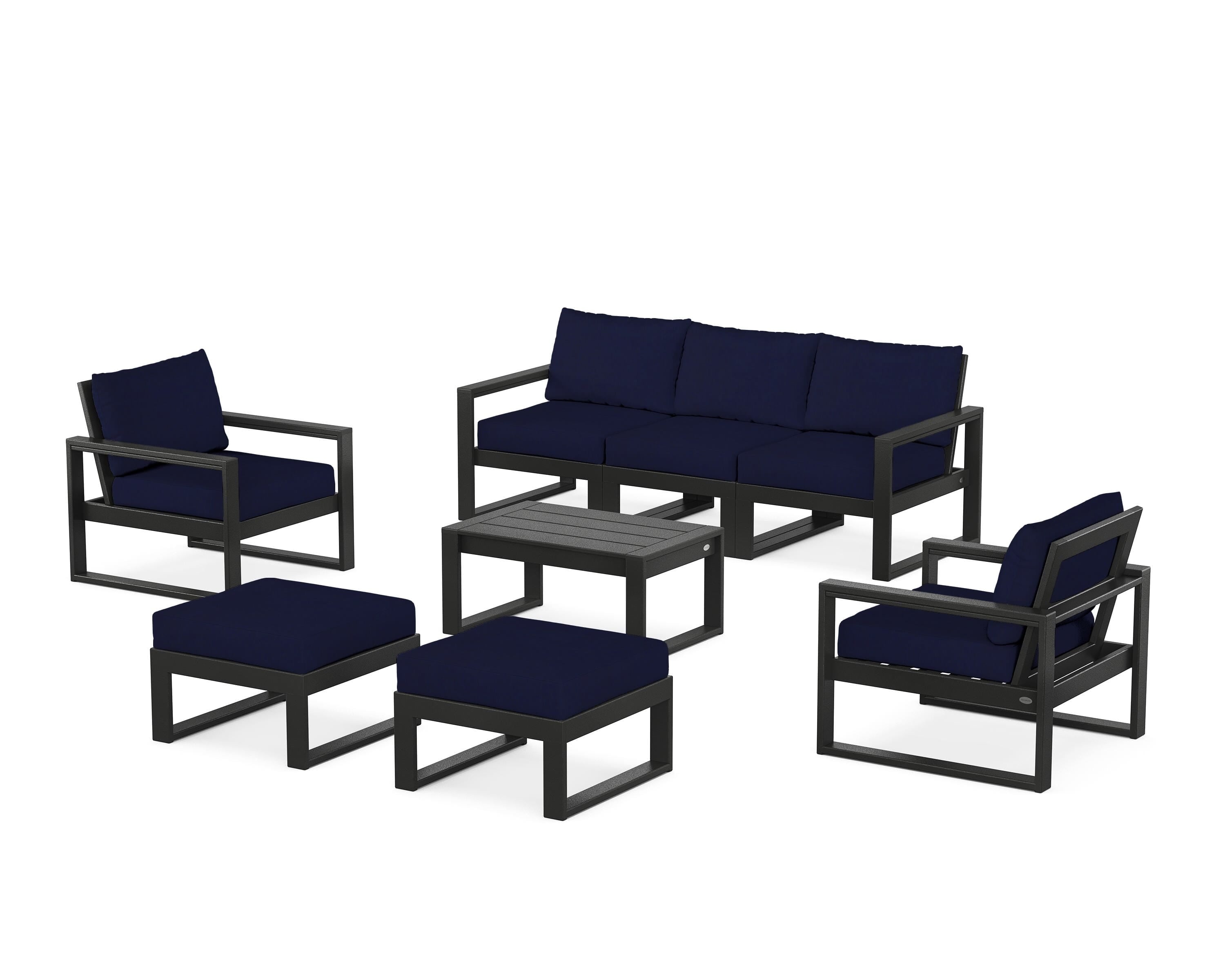 POLYWOOD® EDGE Sectional 8-Piece Lounge Sofa Set in Black / Navy