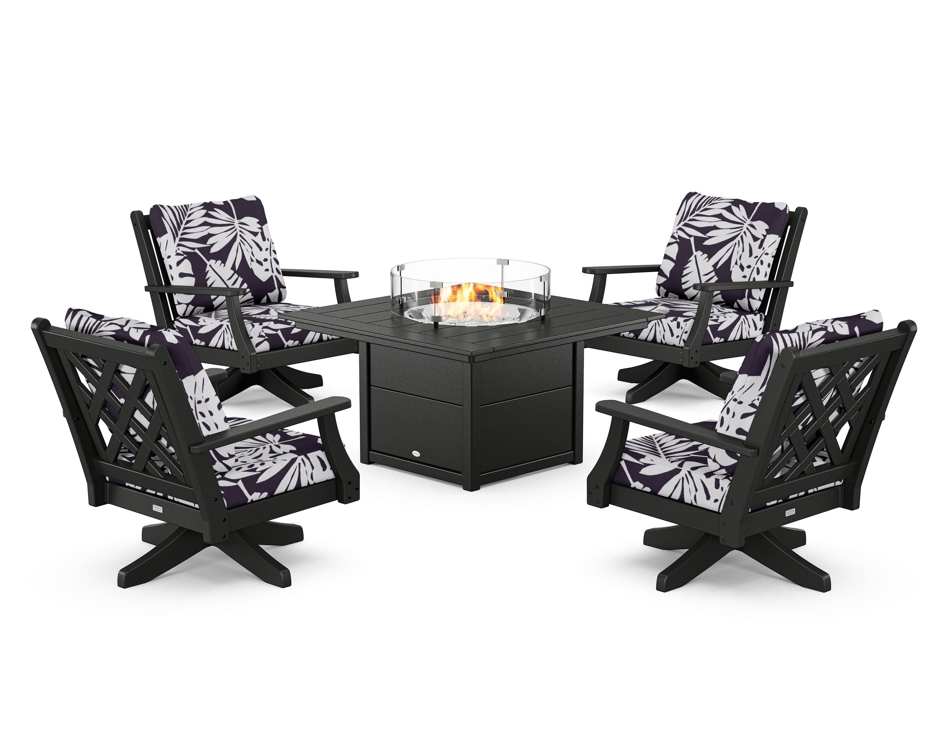 Country Living Wovendale 5-Piece Deep Seating Swivel Conversation Set with Fire Pit Table in Black / Leaf Navy