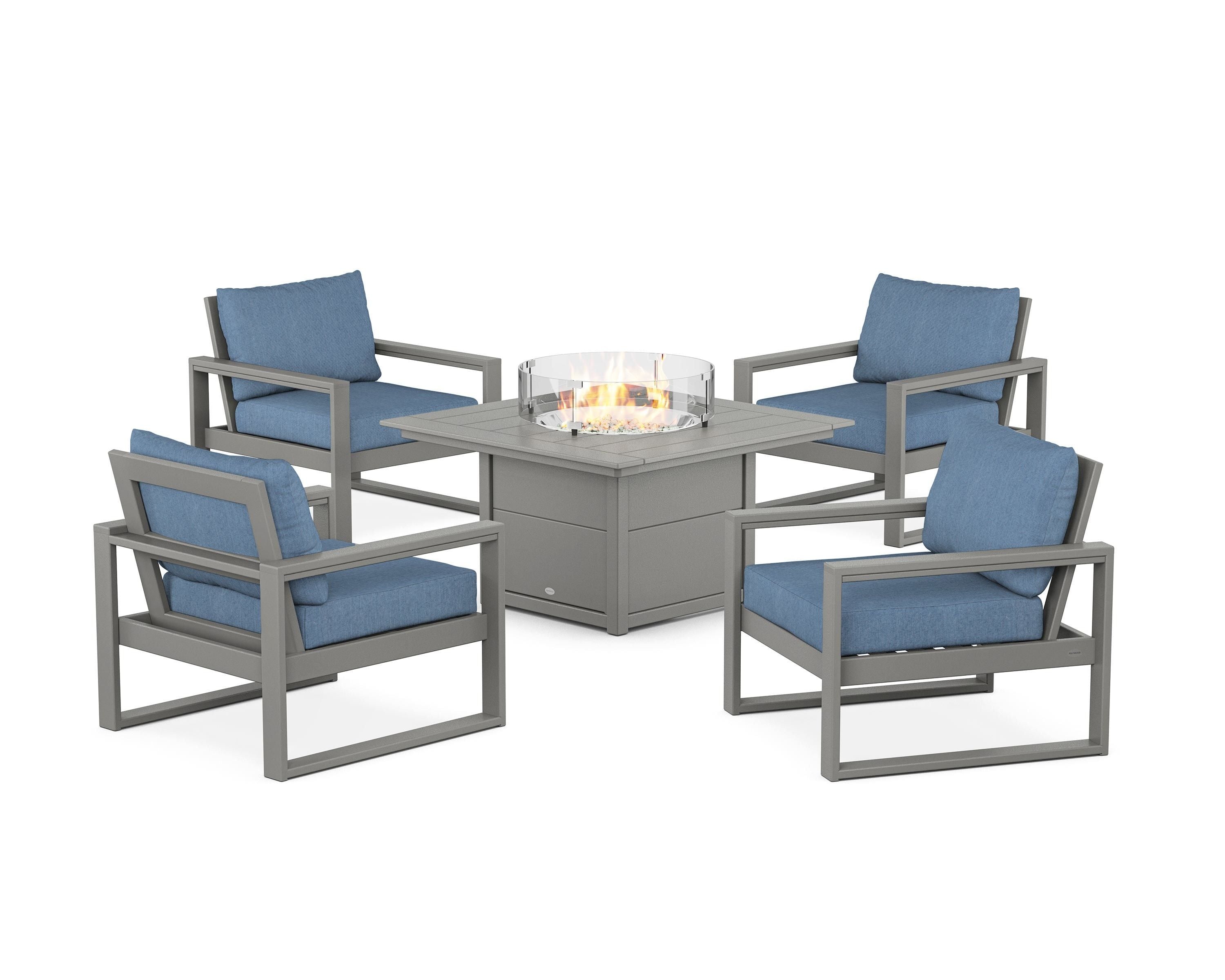 POLYWOOD® EDGE Sectional 5-Piece Deep Seating Set with Fire Pit Table in Slate Grey / Sky Blue