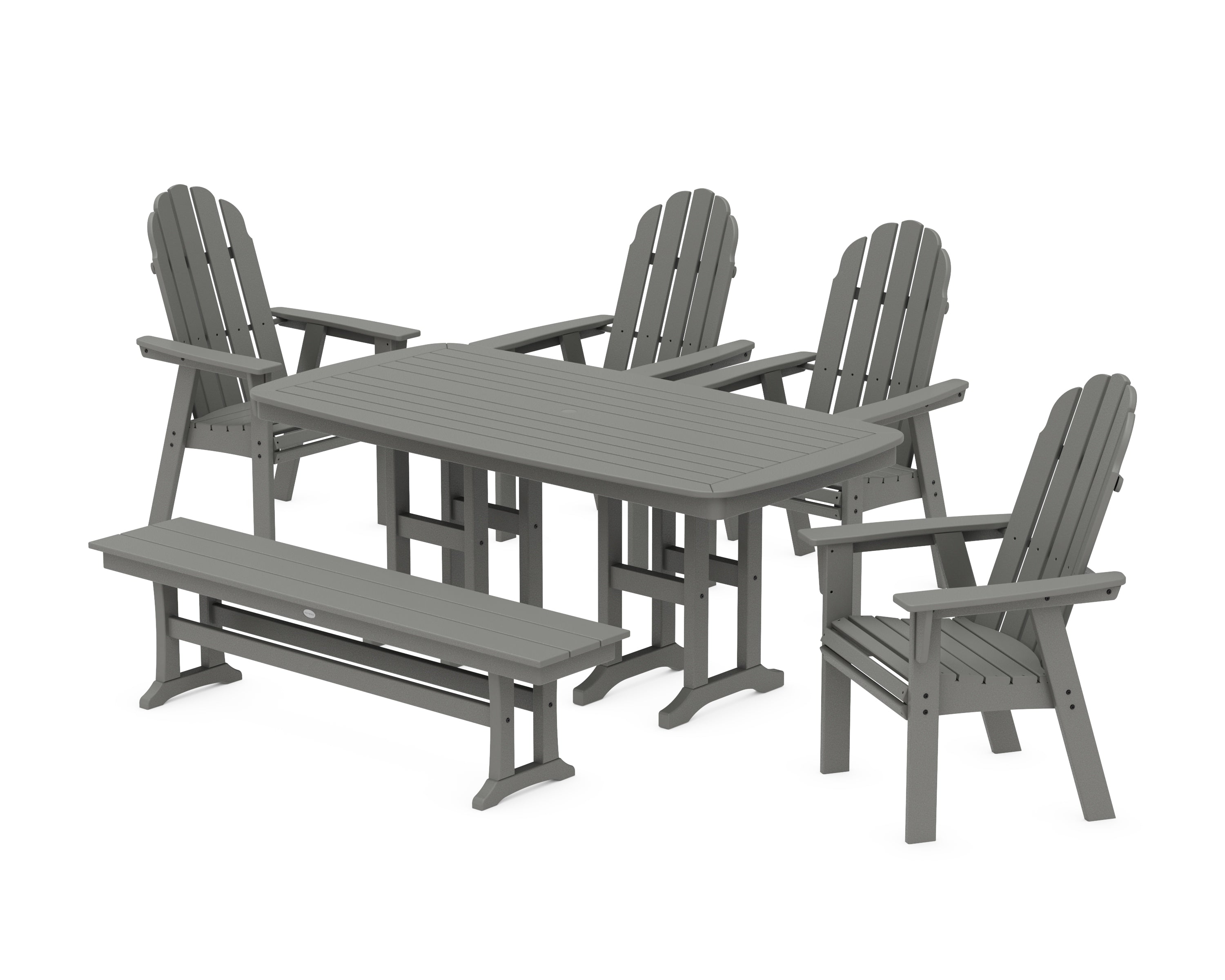 POLYWOOD® Vineyard Curveback Adirondack Chair 6-Piece Dining Set with Bench in Slate Grey