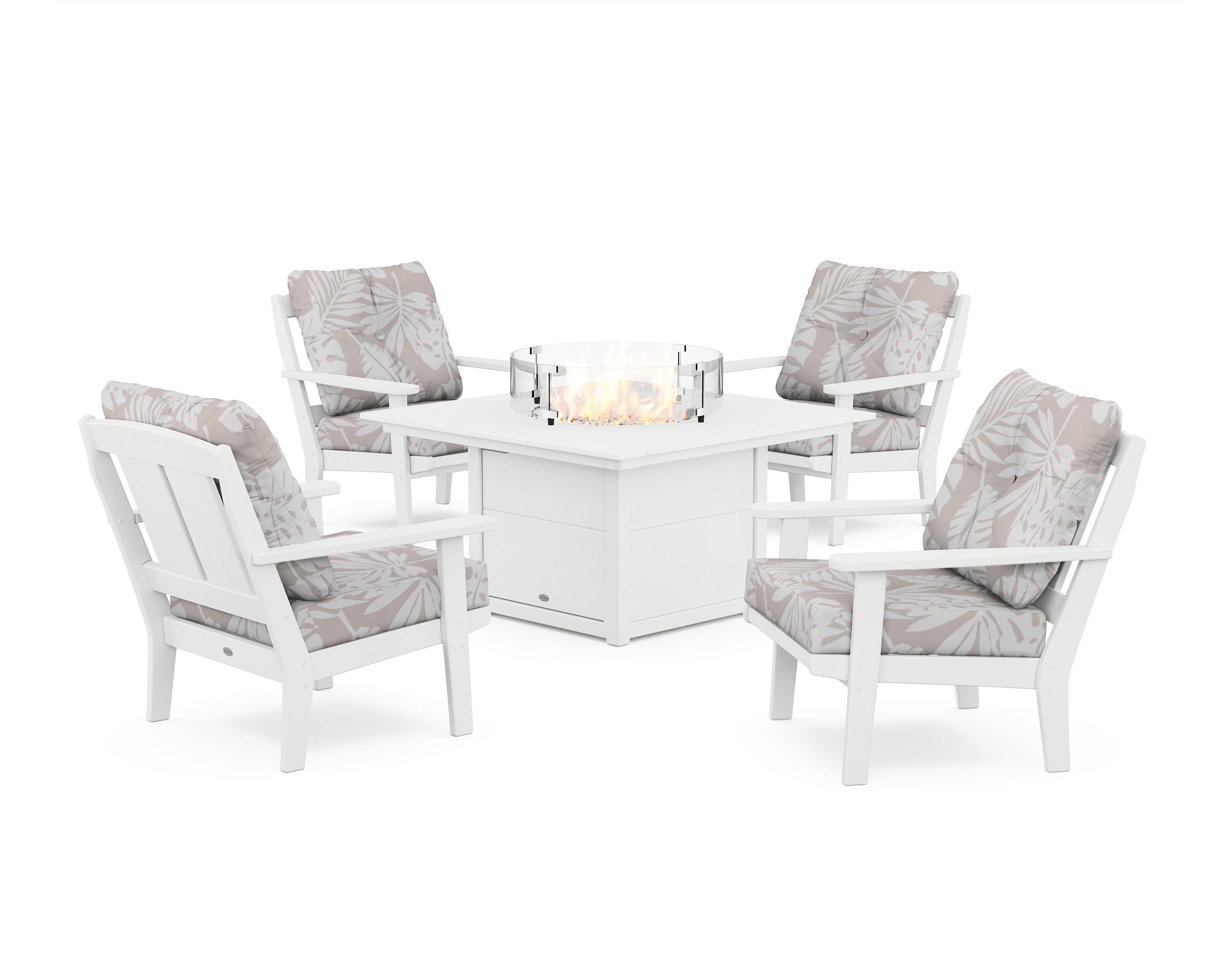 POLYWOOD® Mission 5-Piece Deep Seating Set with Fire Pit Table in White / Leaf Dune Burlap