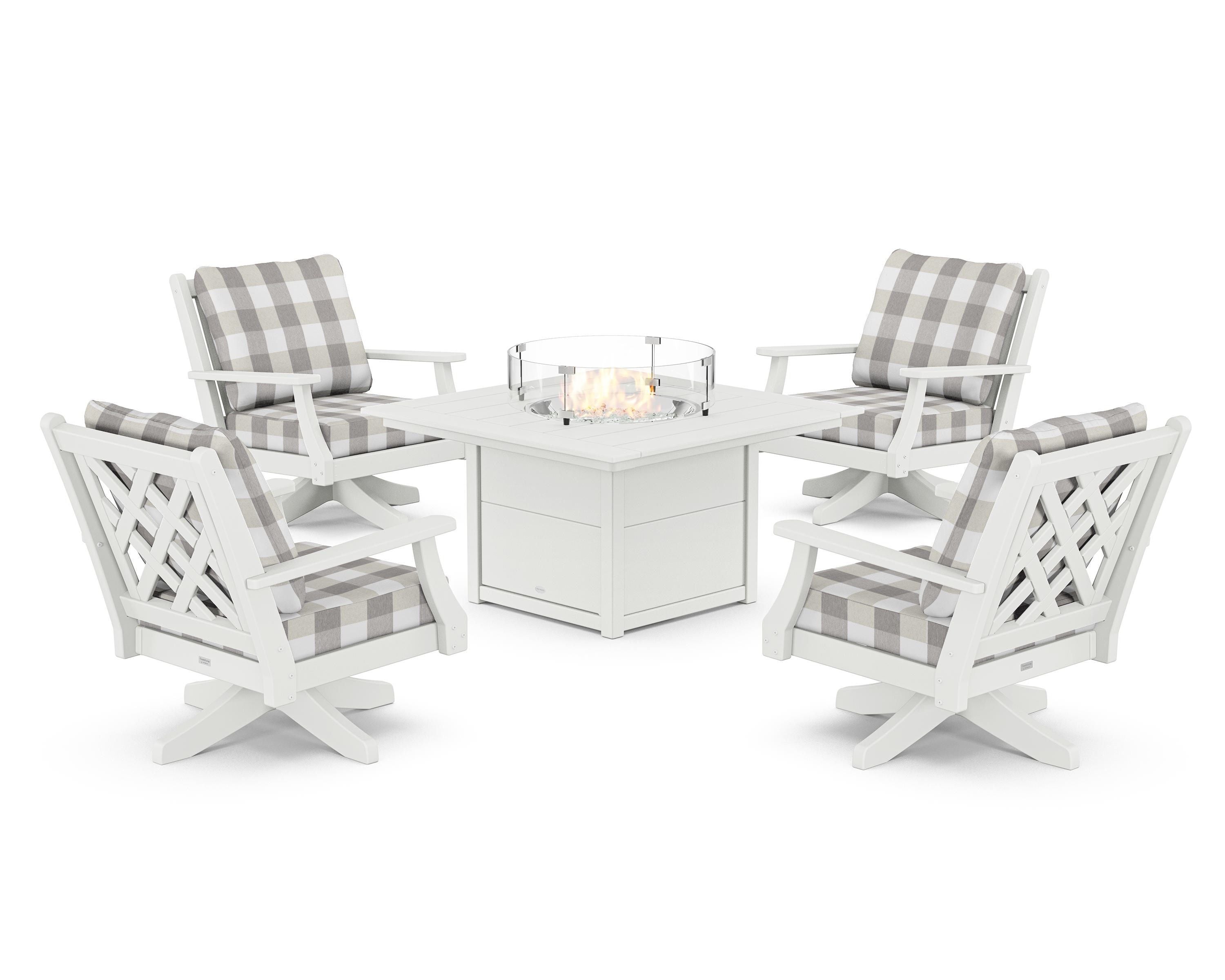 Country Living Wovendale 5-Piece Deep Seating Swivel Conversation Set with Fire Pit Table in White / Buffalo Plaid Grey Mist