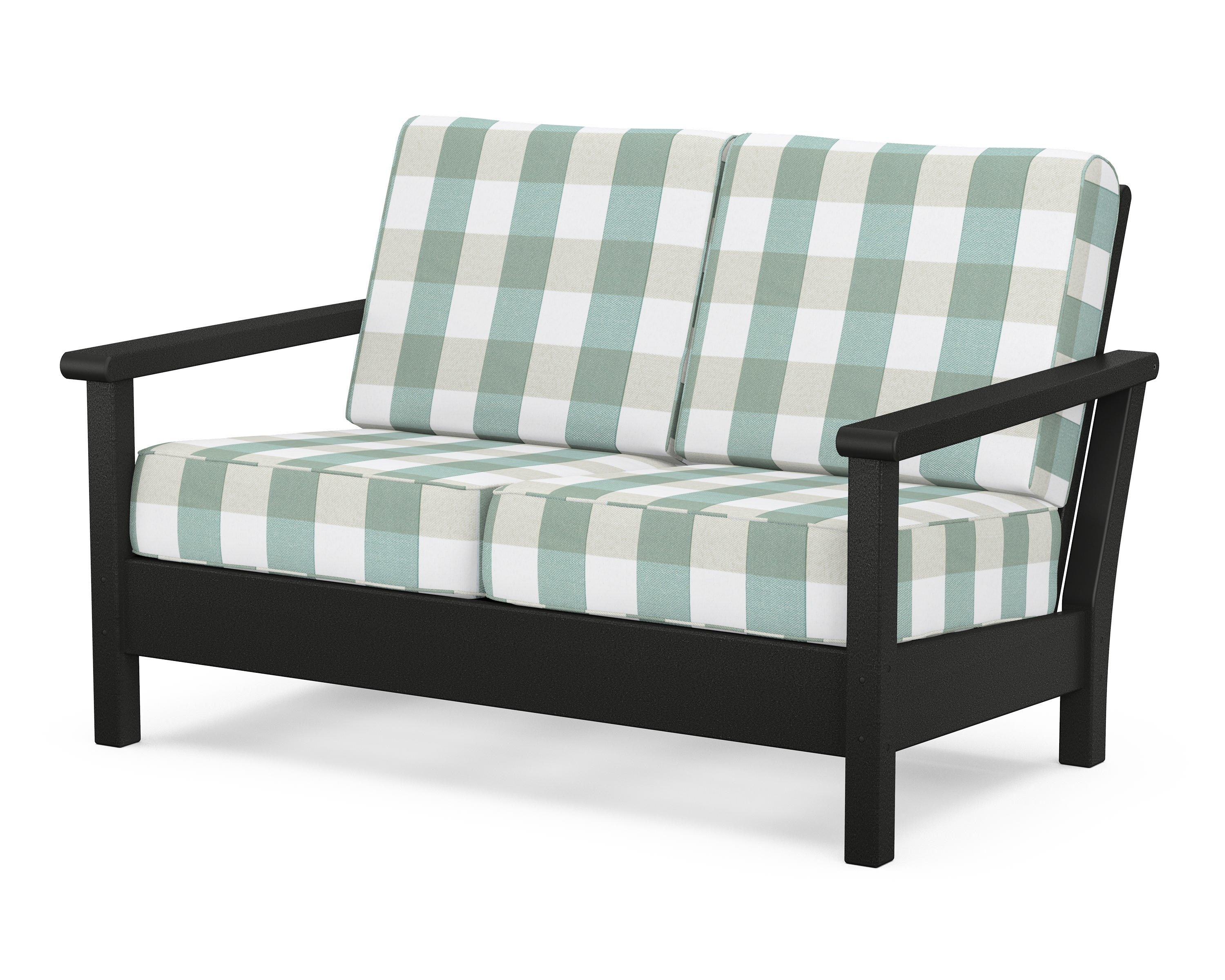 POLYWOOD® Harbour Deep Seating Loveseat in Black / Buffalo Plaid Glacier Spa