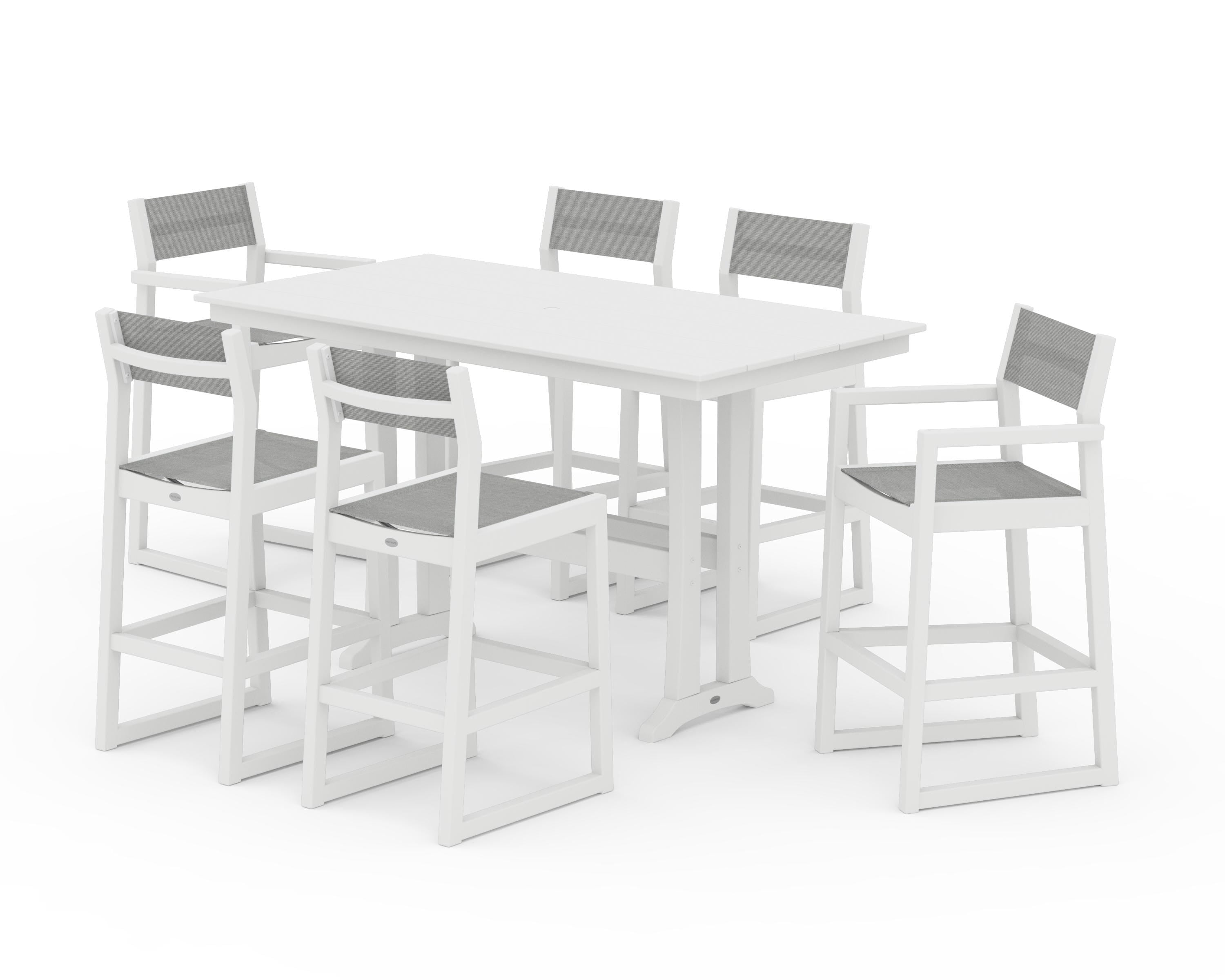 POLYWOOD® EDGE Sling 7-Piece Farmhouse Bar Set with Trestle Legs in White / Metallic Sling