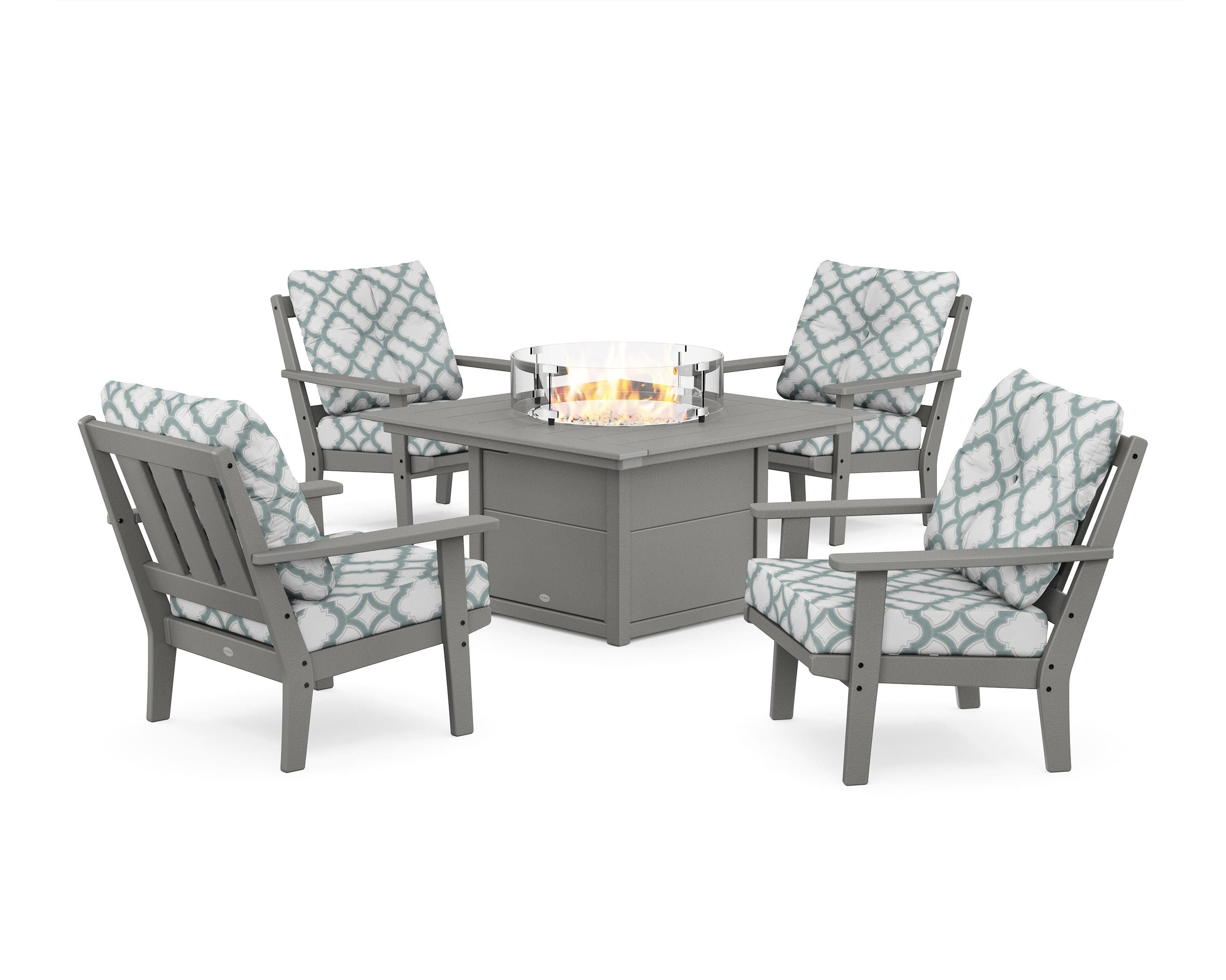 POLYWOOD® Oxford 5-Piece Deep Seating Set with Fire Pit Table in Slate Grey / Trellis Glacier Spa