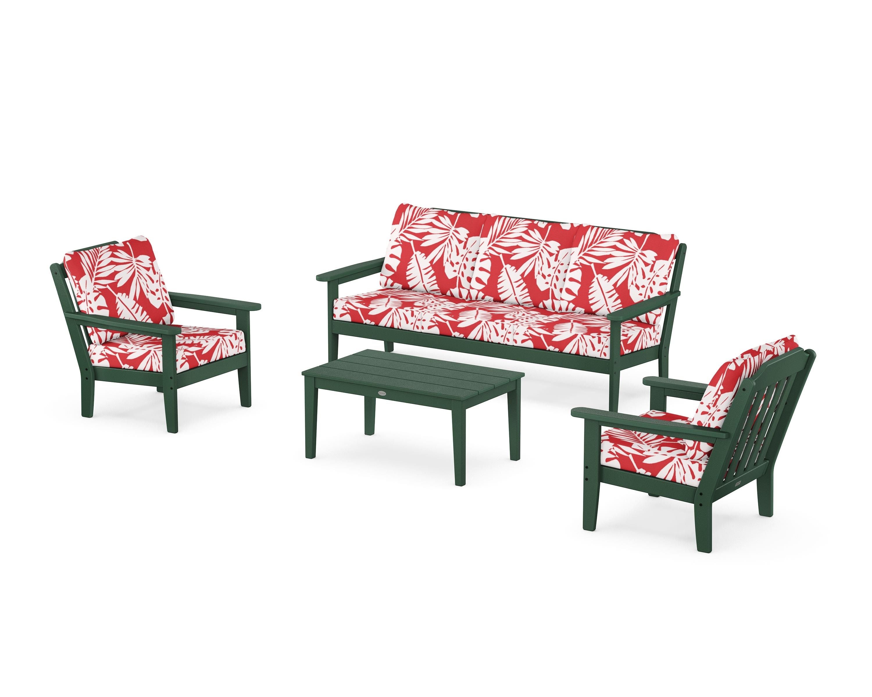 Country Living Cottage 4-Piece Deep Seating Set with Sofa in Green / Leaf Crimson