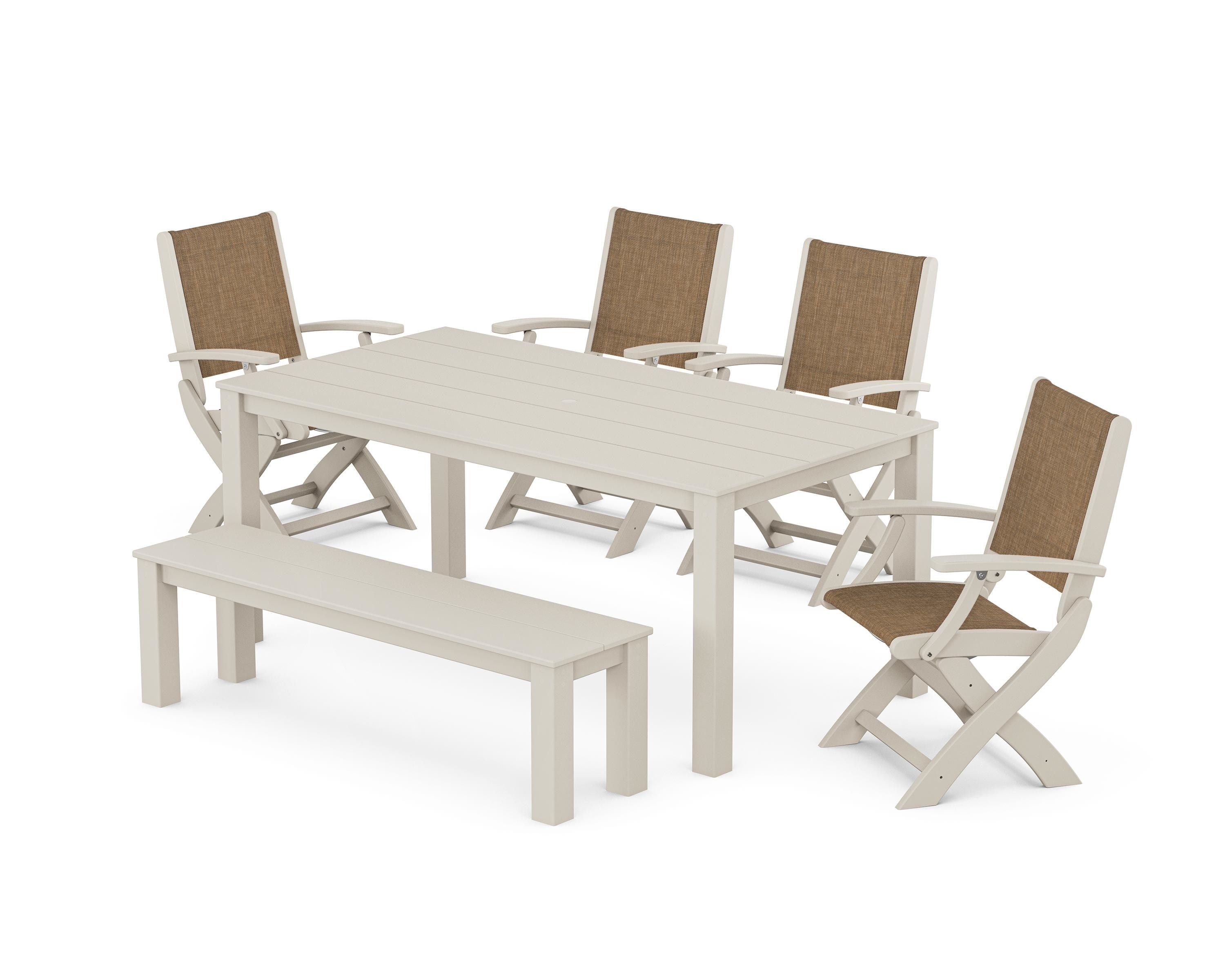 POLYWOOD® Coastal Folding Chair 6-Piece Parsons Dining Set with Bench in Sand / Burlap Sling