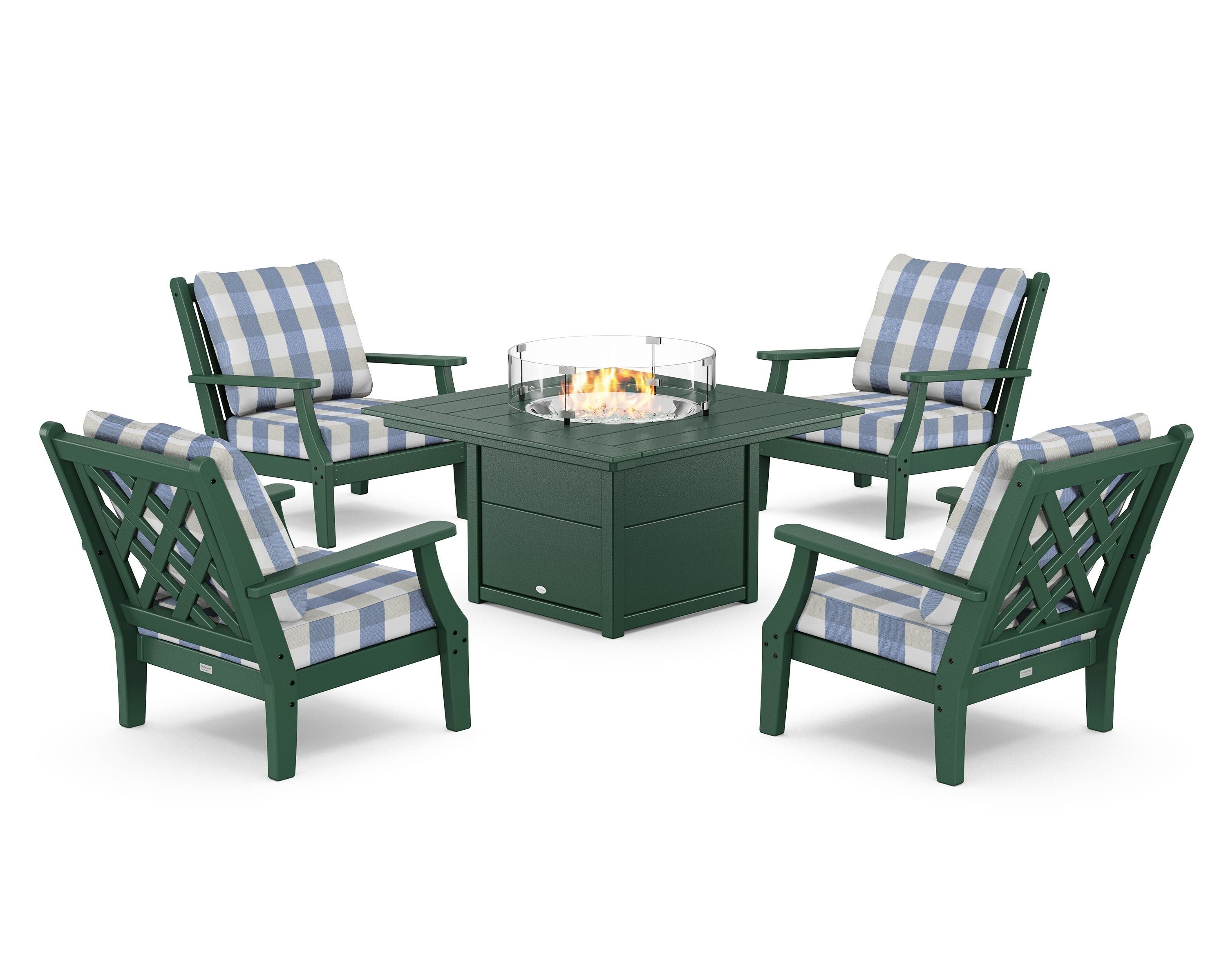 Country Living Wovendale 5-Piece Deep Seating Set with Fire Pit Table in Green / Buffalo Plaid Sky Blue