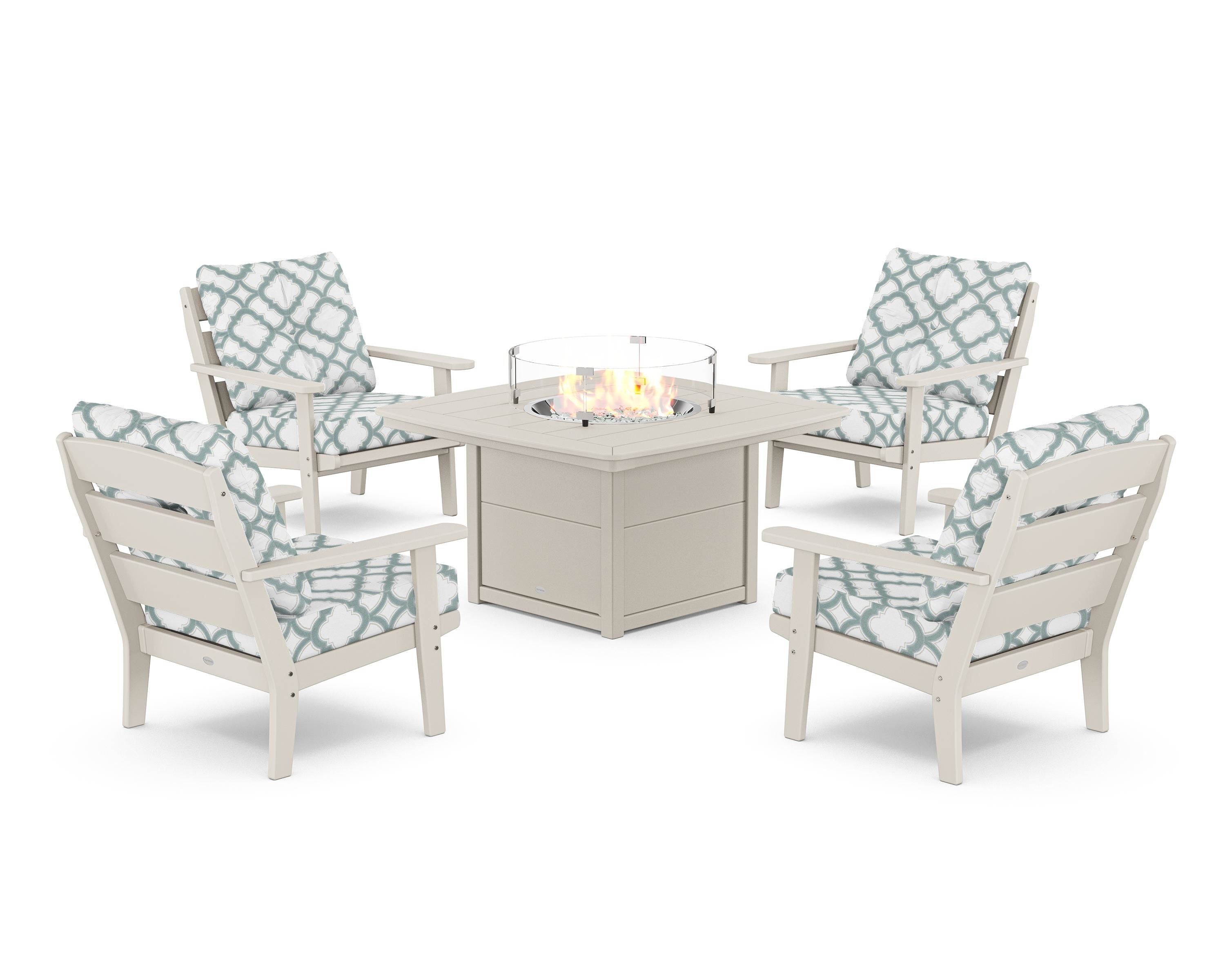 POLYWOOD® Lakeside 5-Piece Deep Seating Set with Nautical Fire Pit Table in Sand / Trellis Glacier Spa