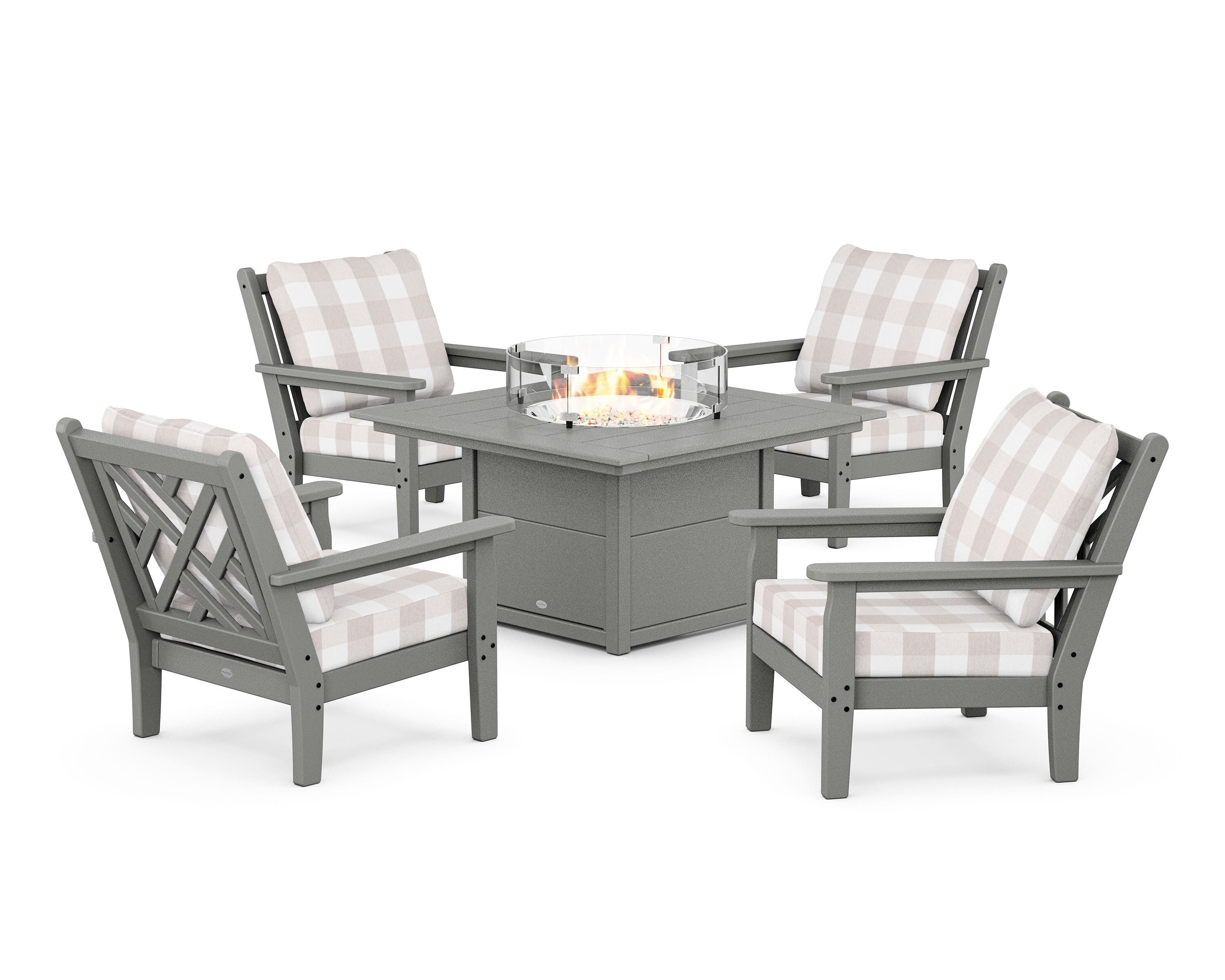 POLYWOOD® Chippendale 5-Piece Deep Seating Set with Fire Pit Table in Slate Grey / Buffalo Plaid Dune Burlap