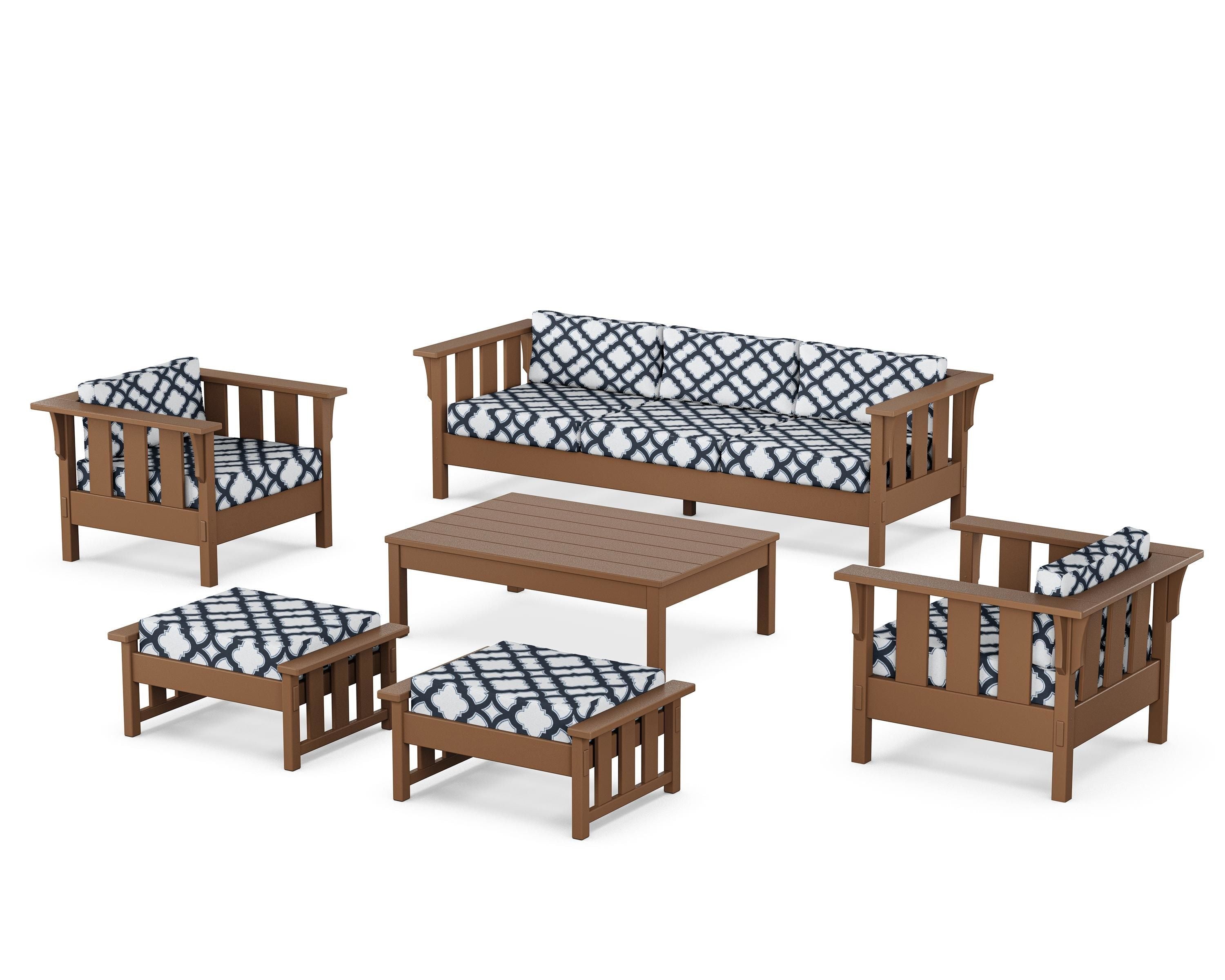 Martha Stewart by POLYWOOD® Acadia 6-Piece Lounge Sofa Set in Teak / Trellis Marine Indigo