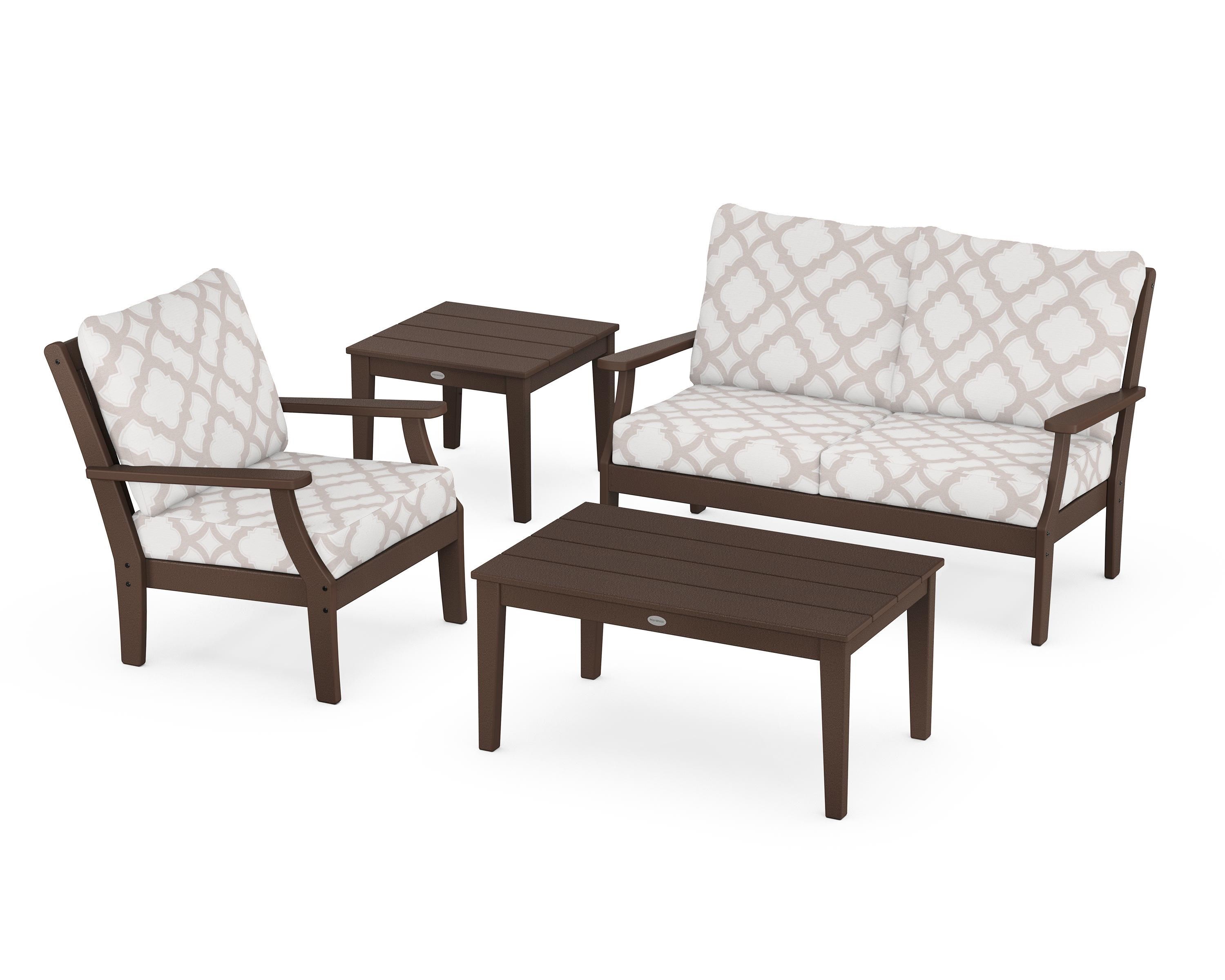 POLYWOOD® Braxton 4-Piece Deep Seating Set in Mahogany / Trellis Dune Burlap