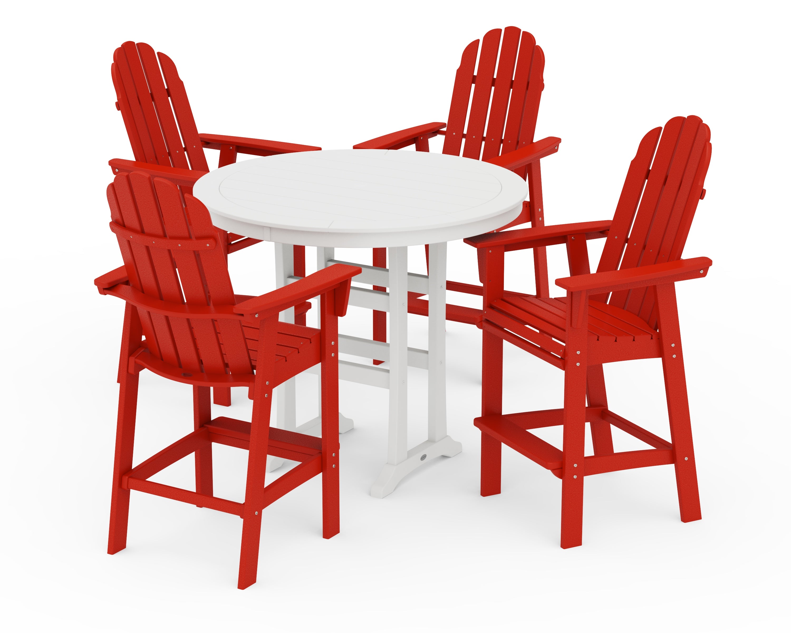POLYWOOD® Vineyard Curveback Adirondack 5-Piece Nautical Trestle Bar Set in Sunset Red / White