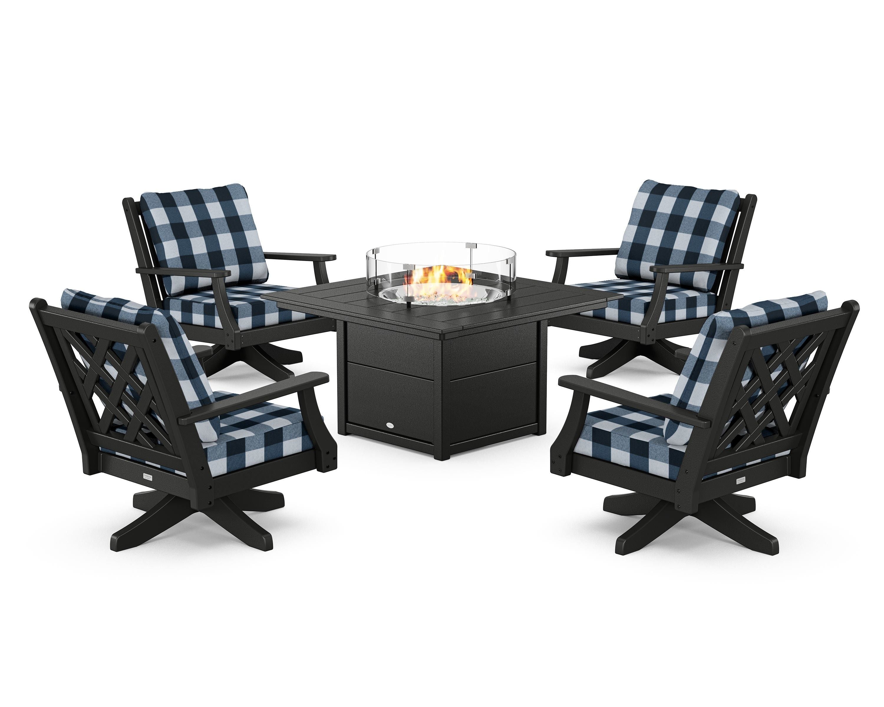 Country Living Wovendale 5-Piece Deep Seating Swivel Conversation Set with Fire Pit Table in Black / Buffalo Plaid Marine Indigo