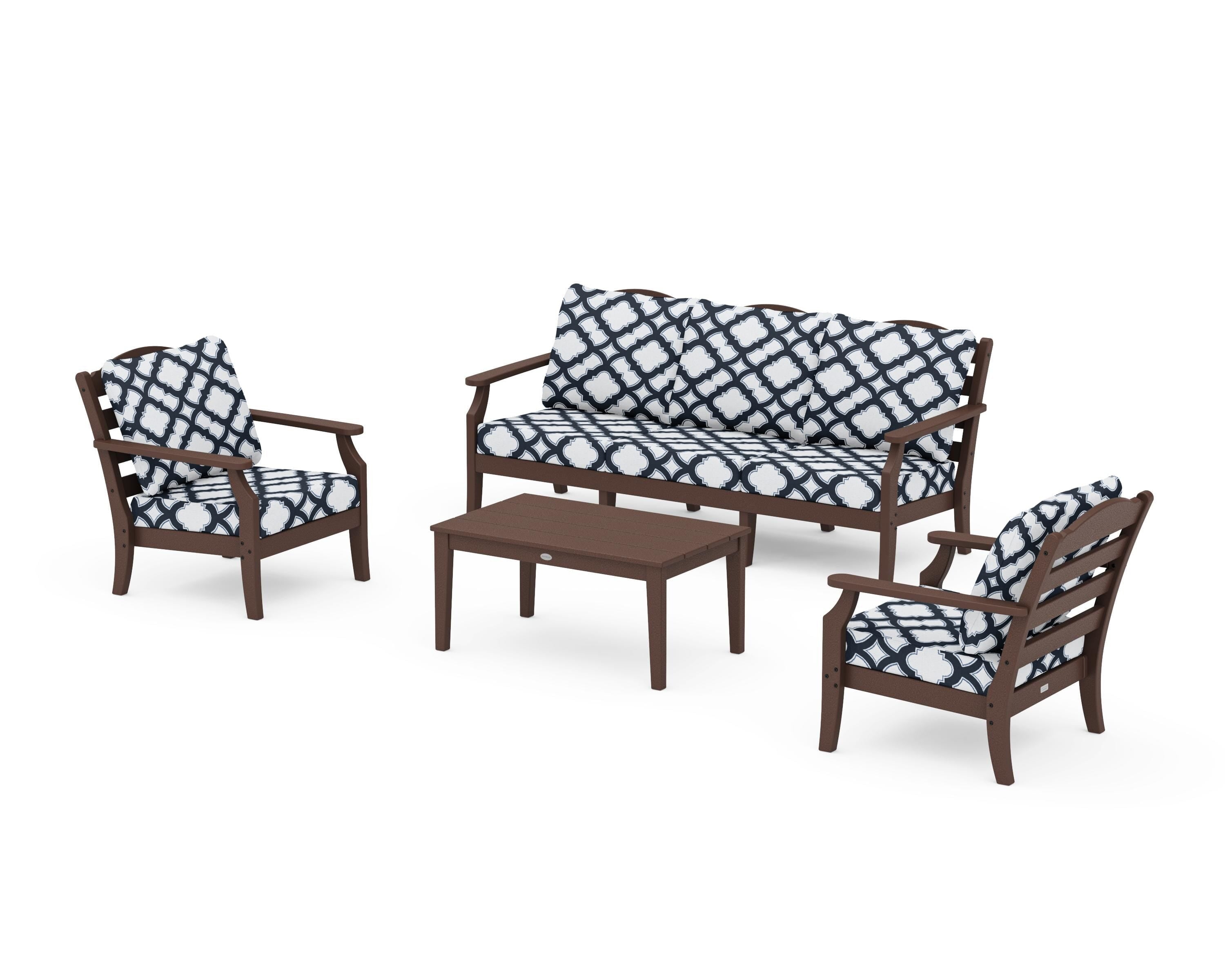 Draper James™ by POLYWOOD® Savannah 4-Piece Deep Seating Set with Sofa in Mahogany / Trellis Marine Indigo