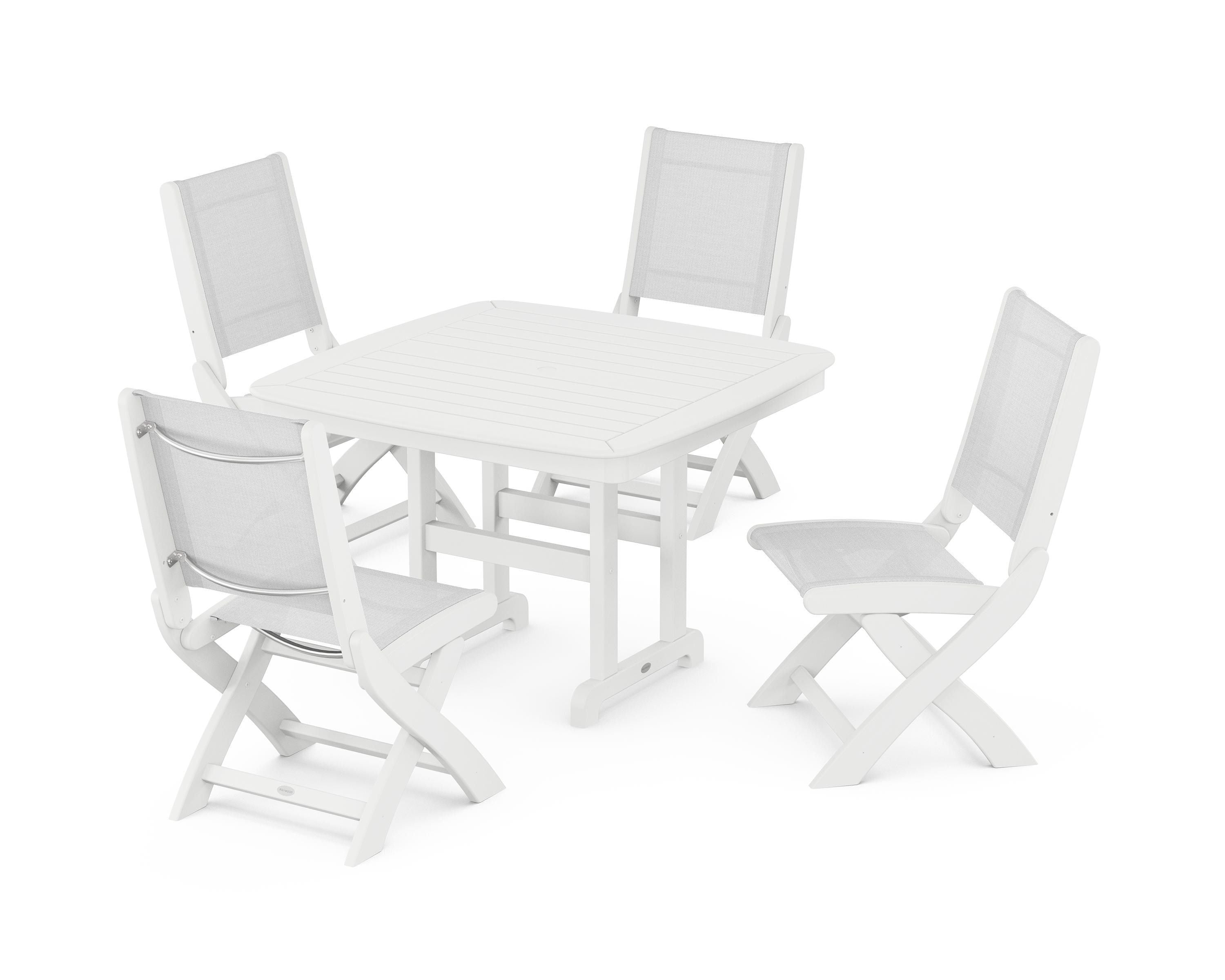 POLYWOOD® Coastal Folding Side Chair 5-Piece Dining Set in White / White Sling