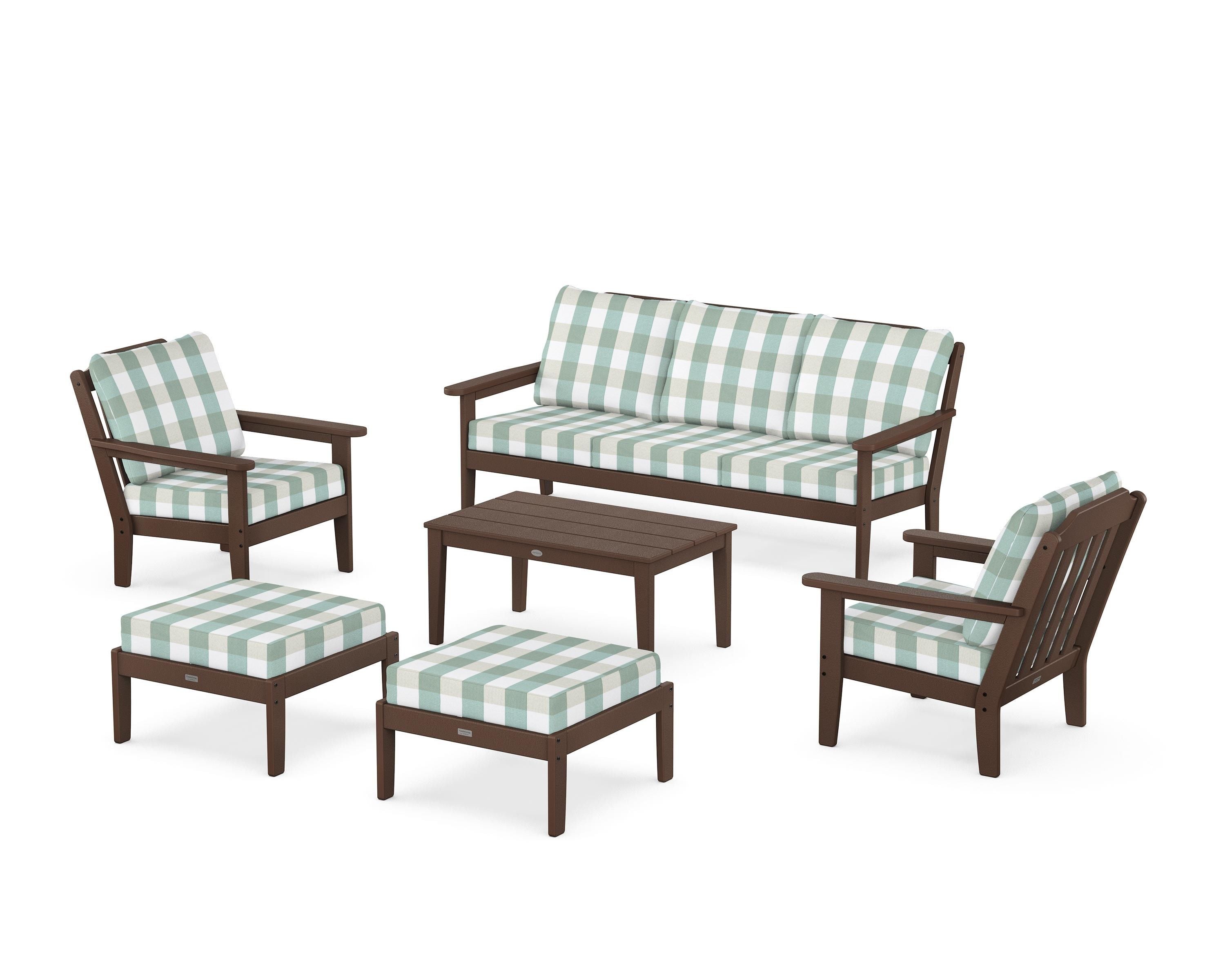 Country Living Cottage 6-Piece Lounge Sofa Set in Mahogany / Buffalo Plaid Glacier Spa