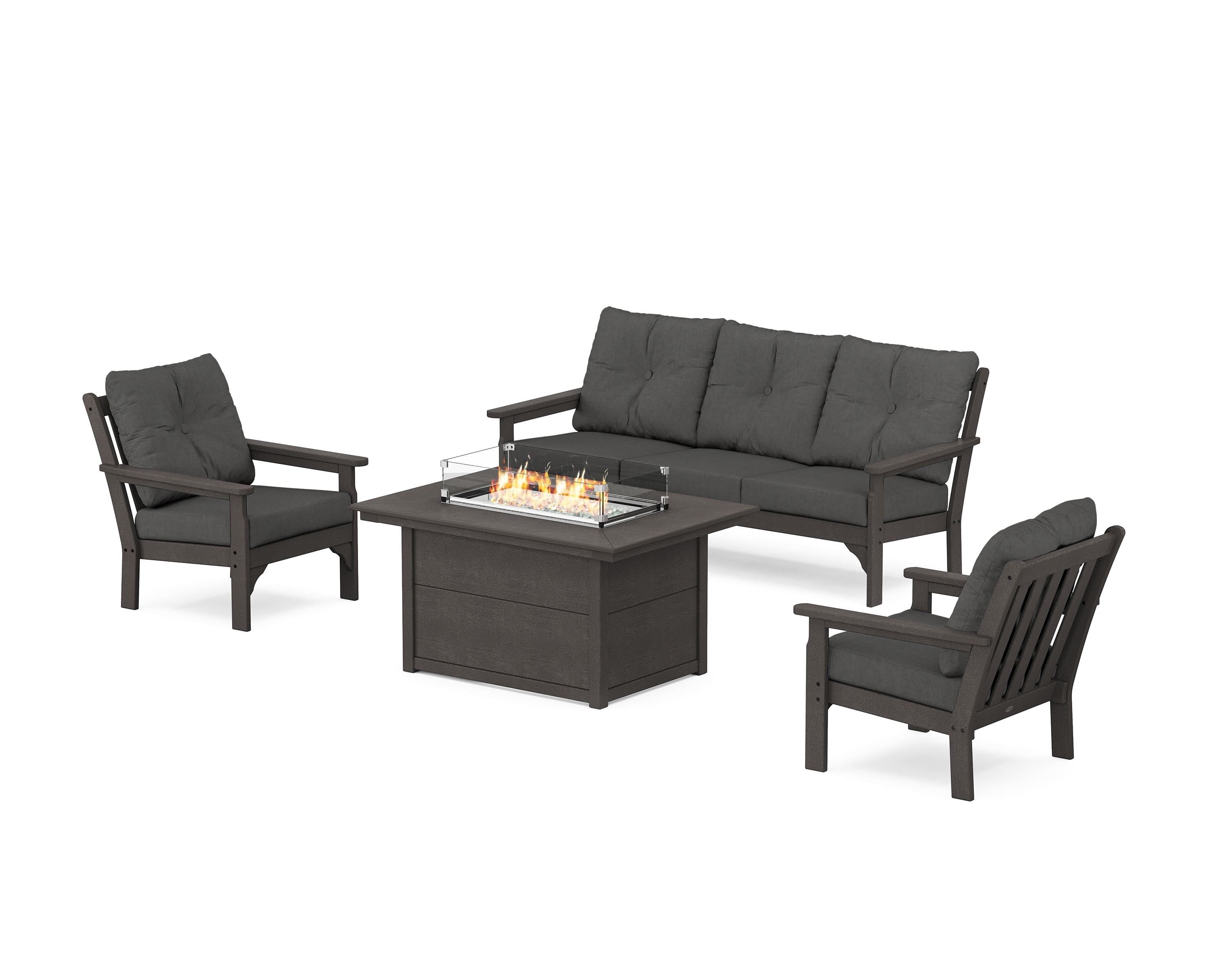 POLYWOOD® Vineyard Deep Seating Fire Pit Table Set in Vintage Coffee / Spectrum Carbon