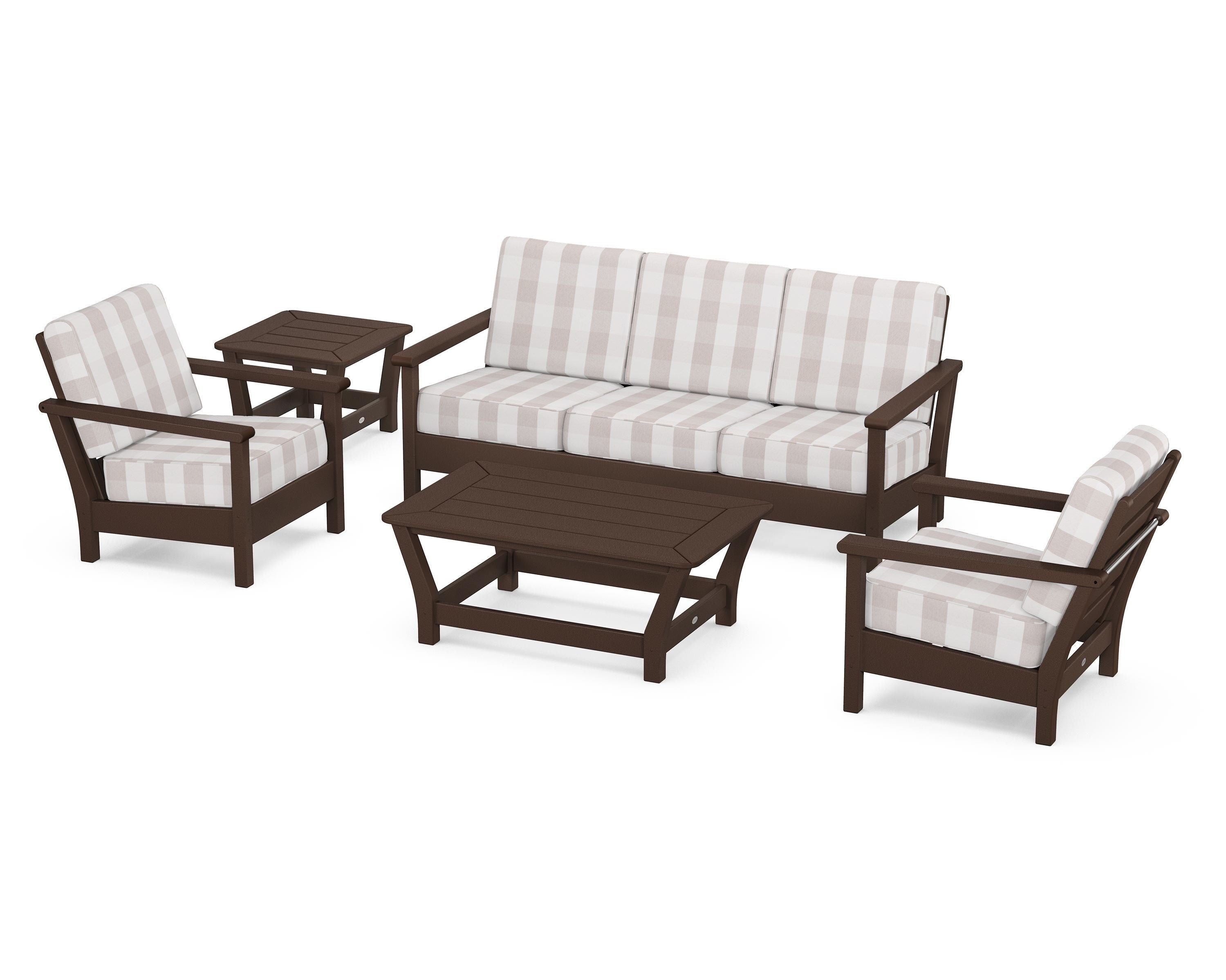 POLYWOOD® Harbour 5-Piece Deep Seating Set in Mahogany / Buffalo Plaid Dune Burlap