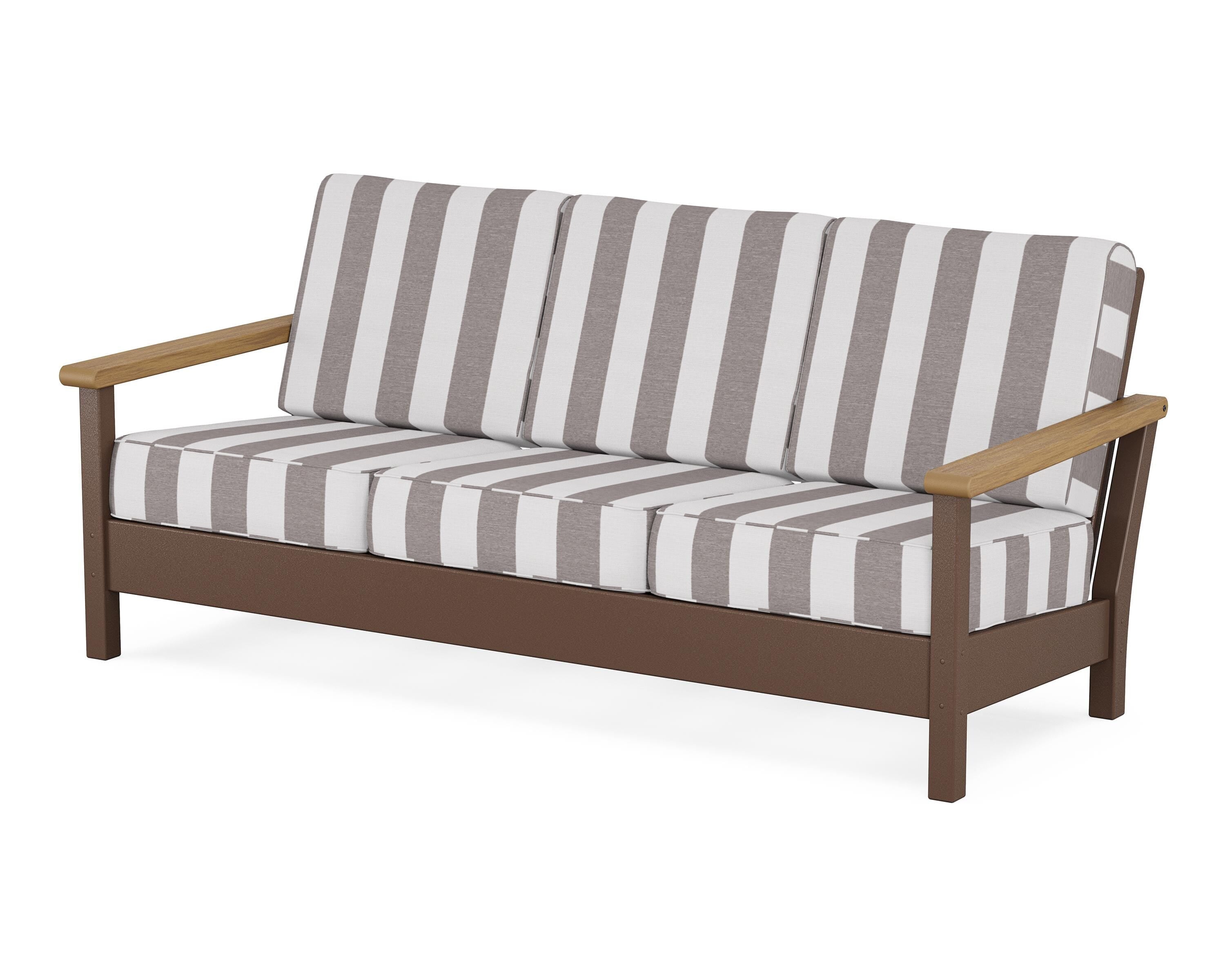 POLYWOOD® Harbour Deep Seating Sofa in Mahogany / Natural / Cabana Stripe Grey Mist
