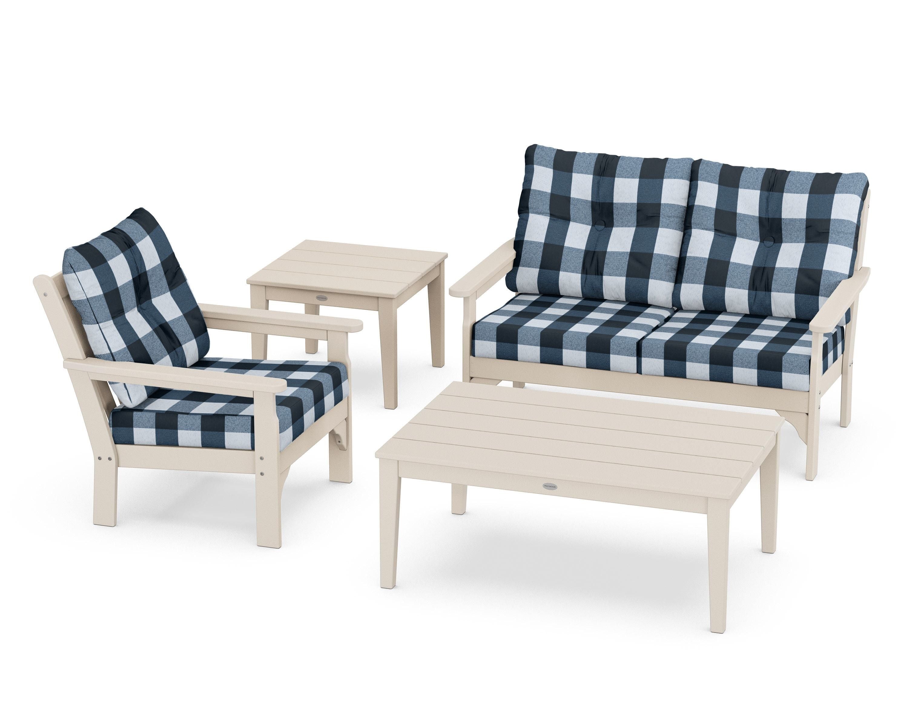 POLYWOOD® Vineyard 4-Piece Deep Seating Set in Sand / Buffalo Plaid Marine Indigo