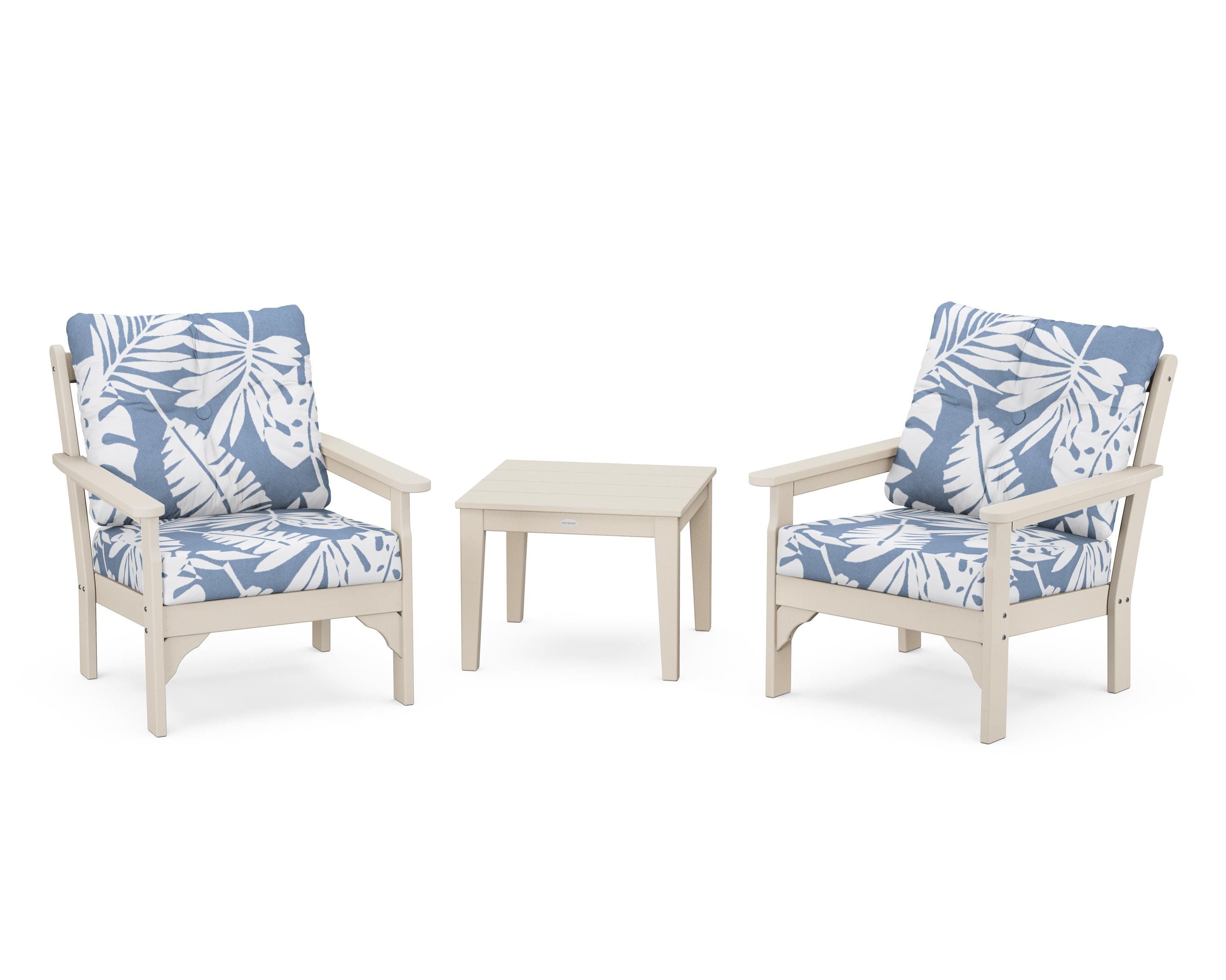 POLYWOOD® Vineyard 3-Piece Deep Seating Set in Sand / Leaf Sky Blue