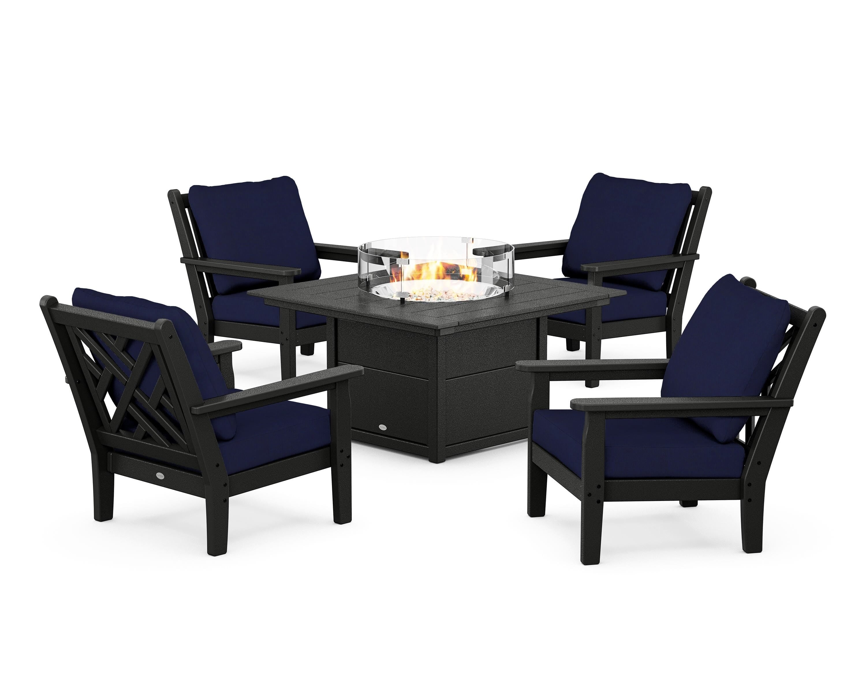 POLYWOOD® Chippendale 5-Piece Deep Seating Set with Fire Pit Table in Black / Navy