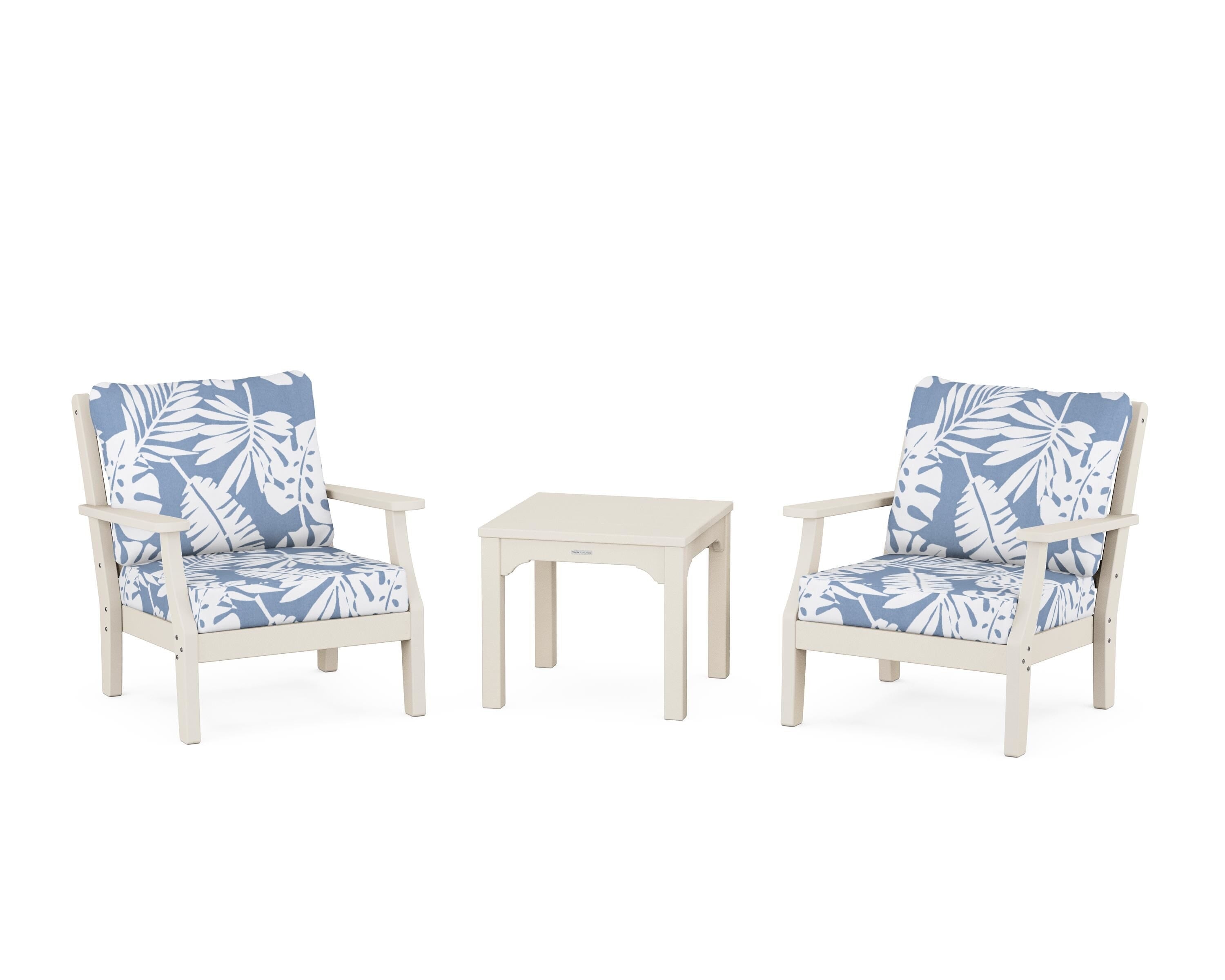 Martha Stewart by POLYWOOD® Chinoiserie 3-Piece Deep Seating Set in Sand / Leaf Sky Blue