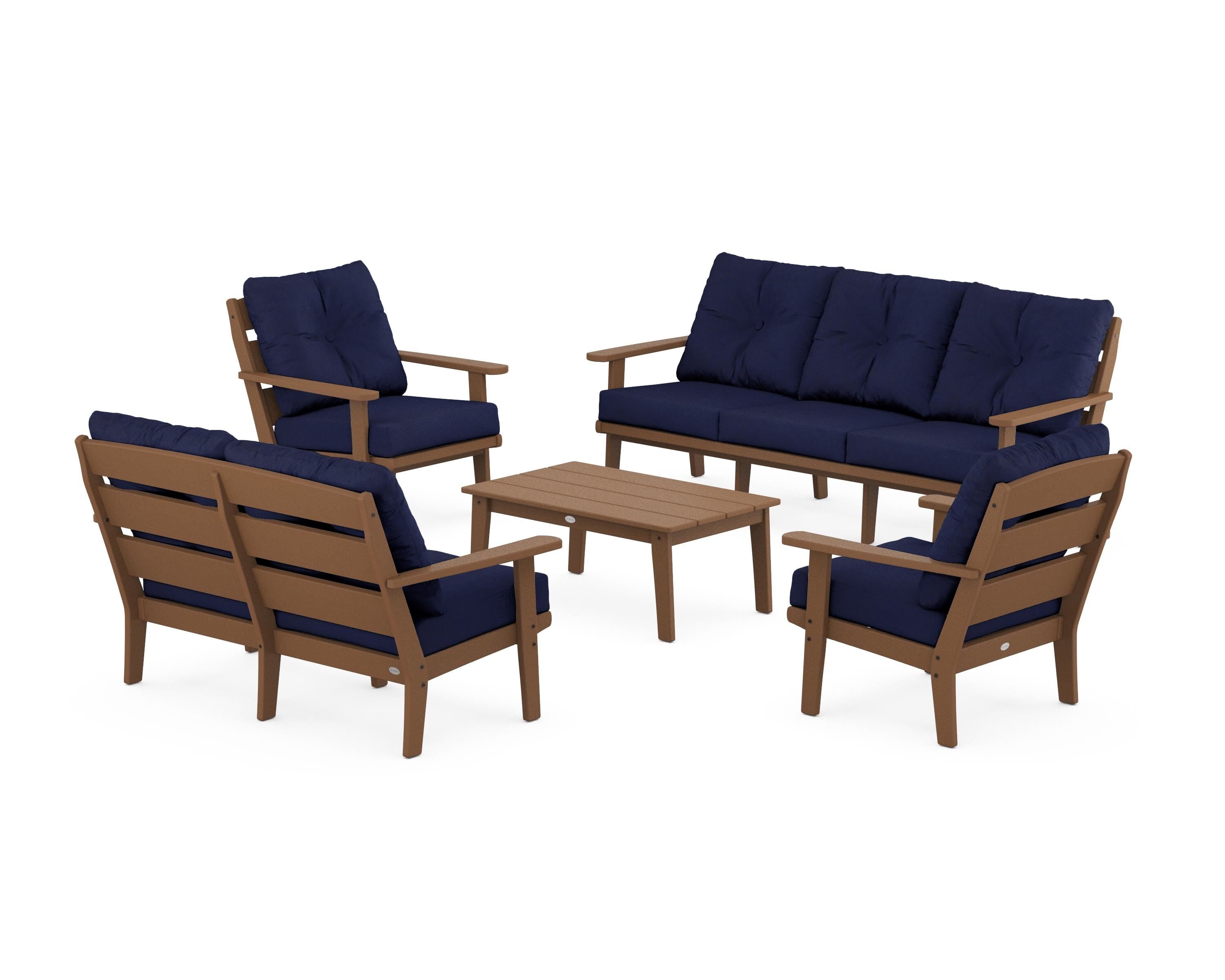 POLYWOOD® Lakeside 5-Piece Lounge Sofa Set in Teak / Navy