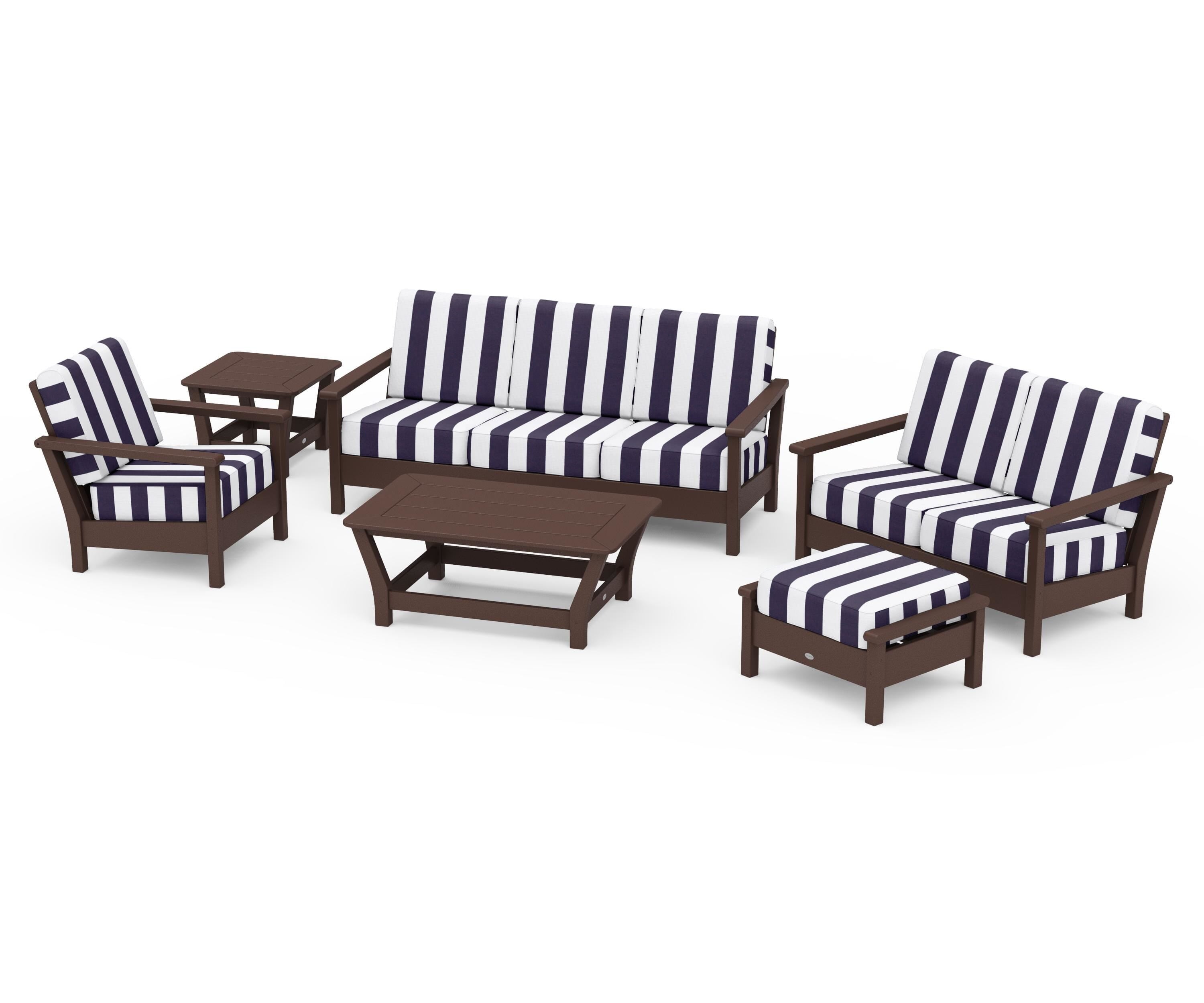 POLYWOOD® Harbour 6-Piece Outdoor Living Set in Mahogany / Cabana Stripe Navy
