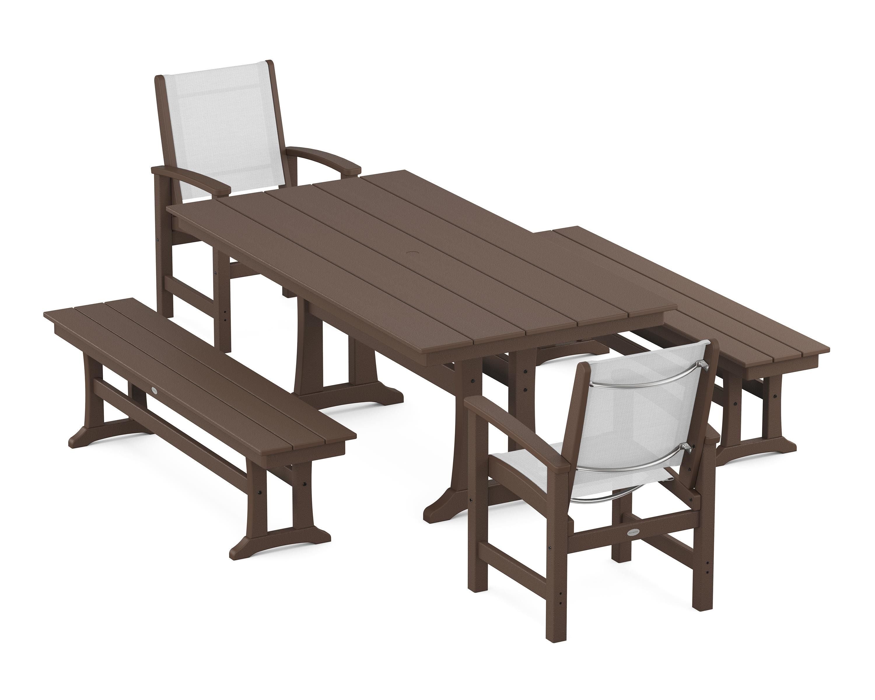 POLYWOOD® Coastal 5-Piece Farmhouse Dining Set with Trestle Legs and Benches in Mahogany / White Sling