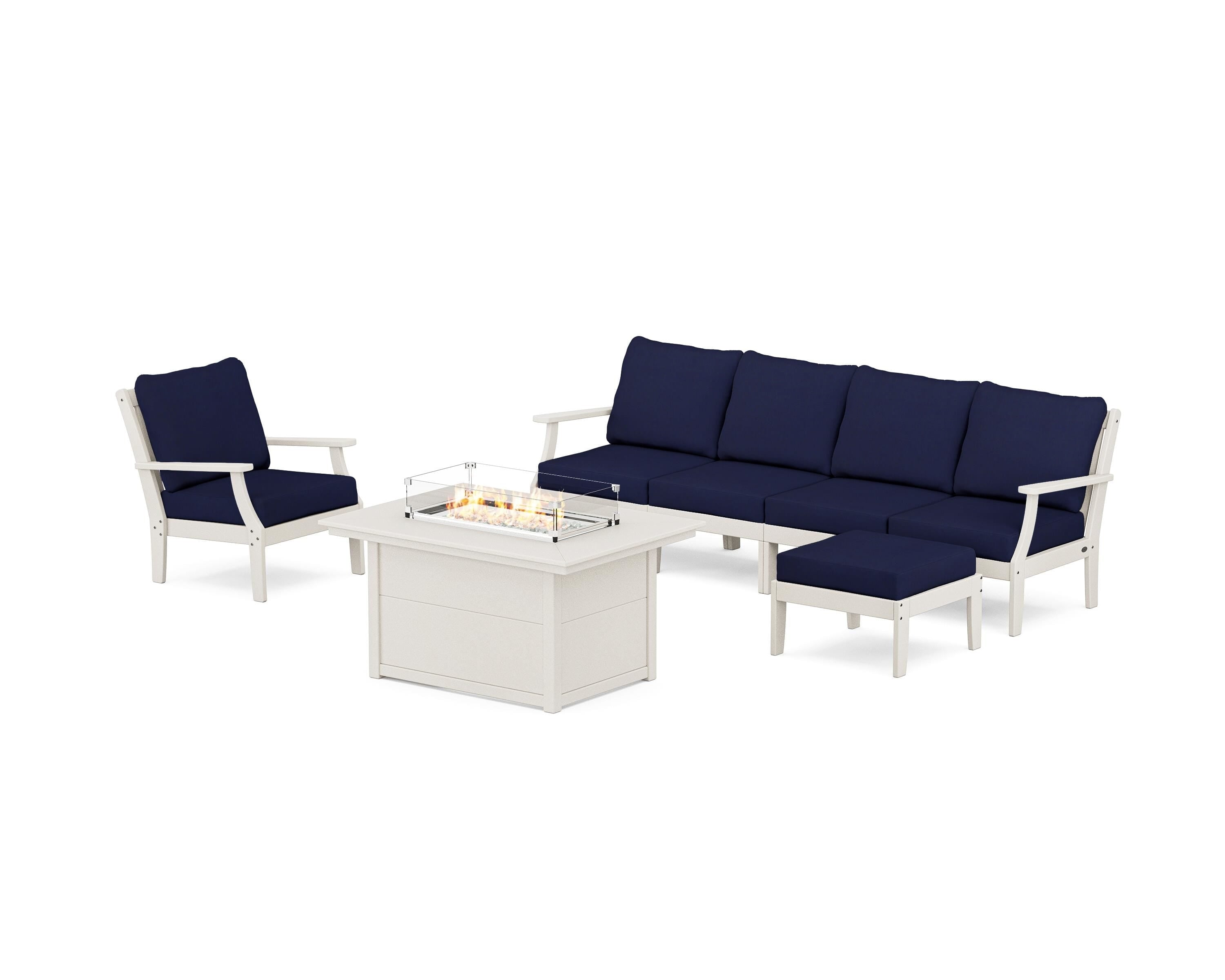POLYWOOD® Braxton Sectional Lounge and Fire Pit Set in Sand / Navy