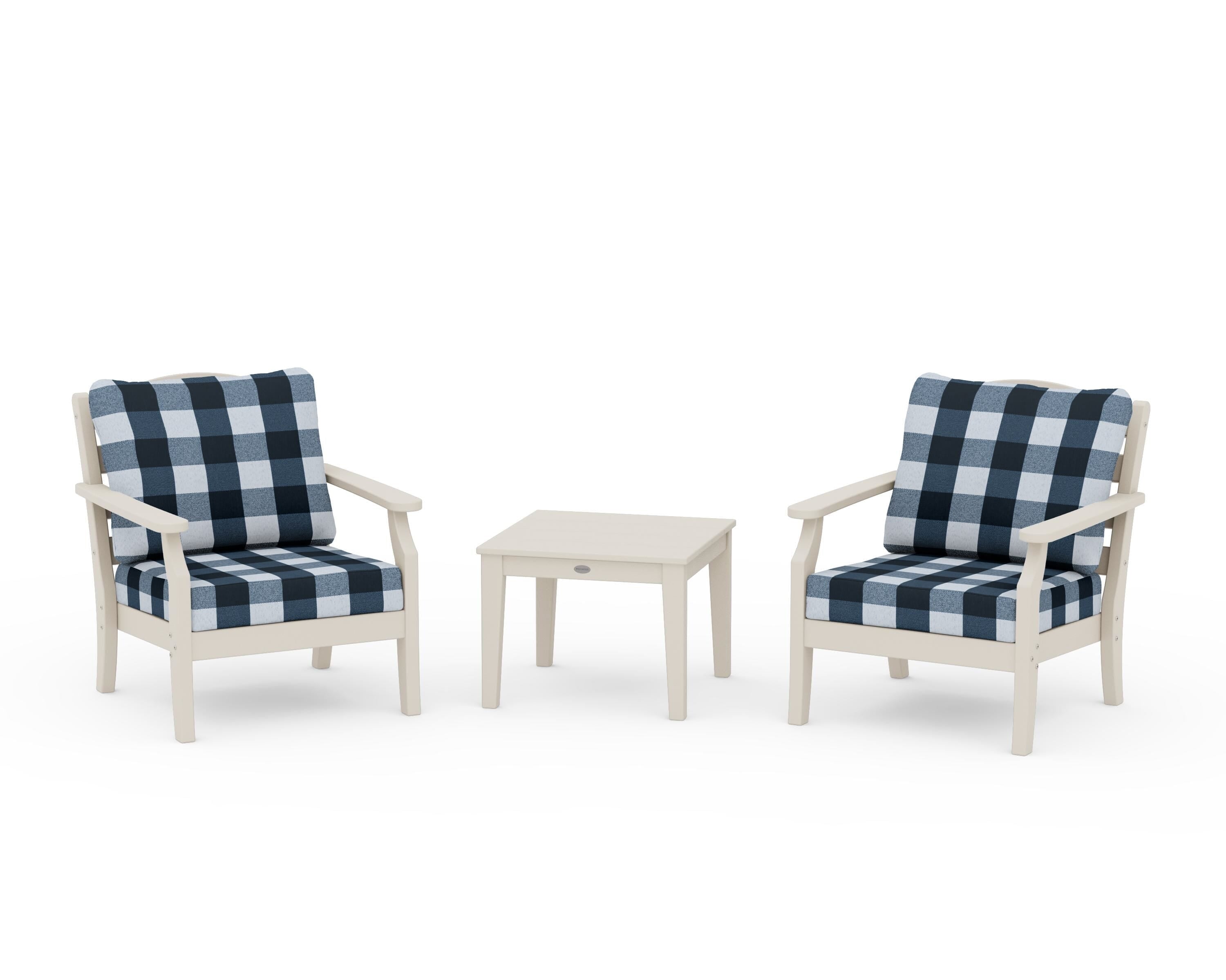 Draper James™ by POLYWOOD® Savannah 3-Piece Deep Seating Set in Sand / Buffalo Plaid Marine Indigo